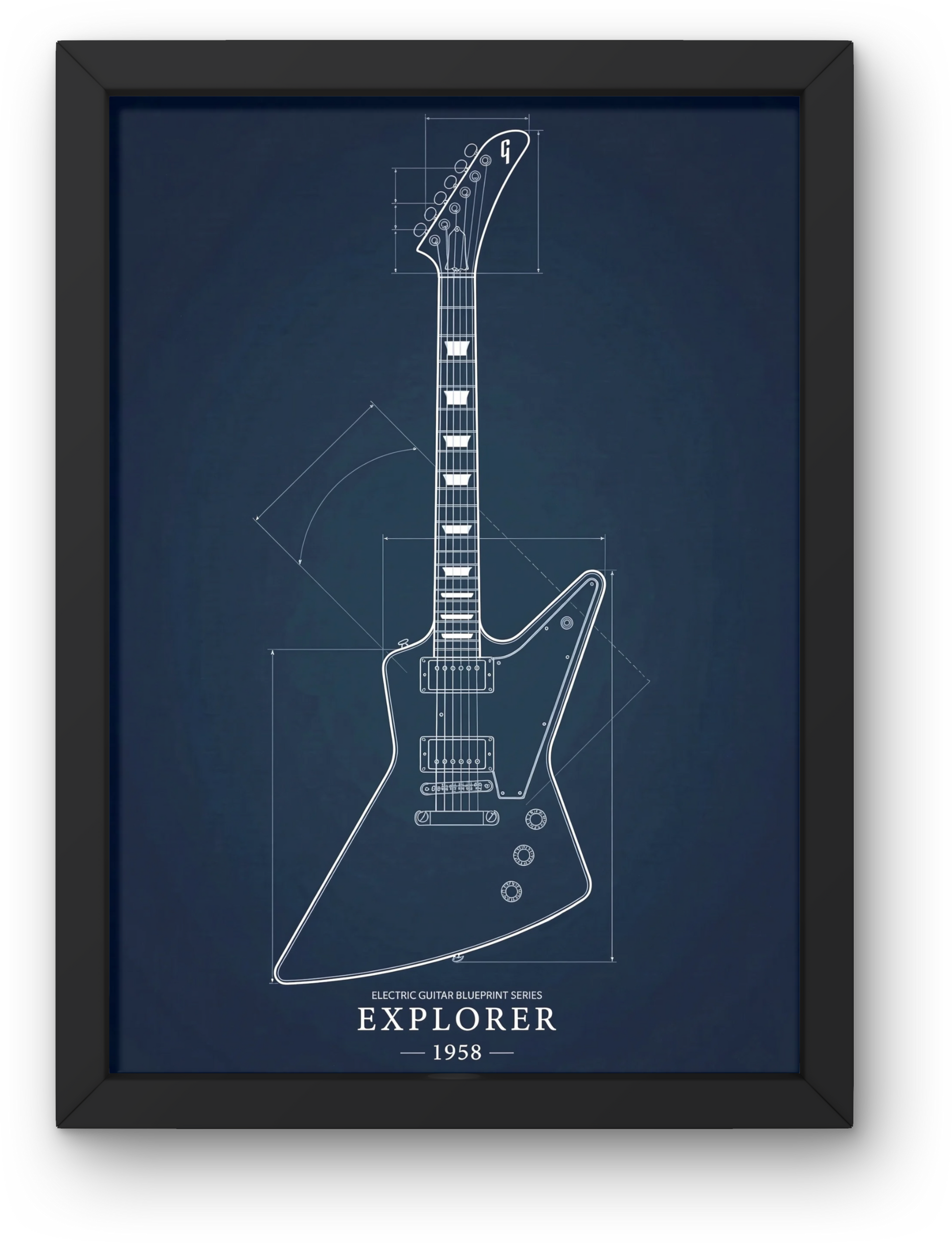 Framed blueprint of a Gibson explorer guitar on a dark blue background
