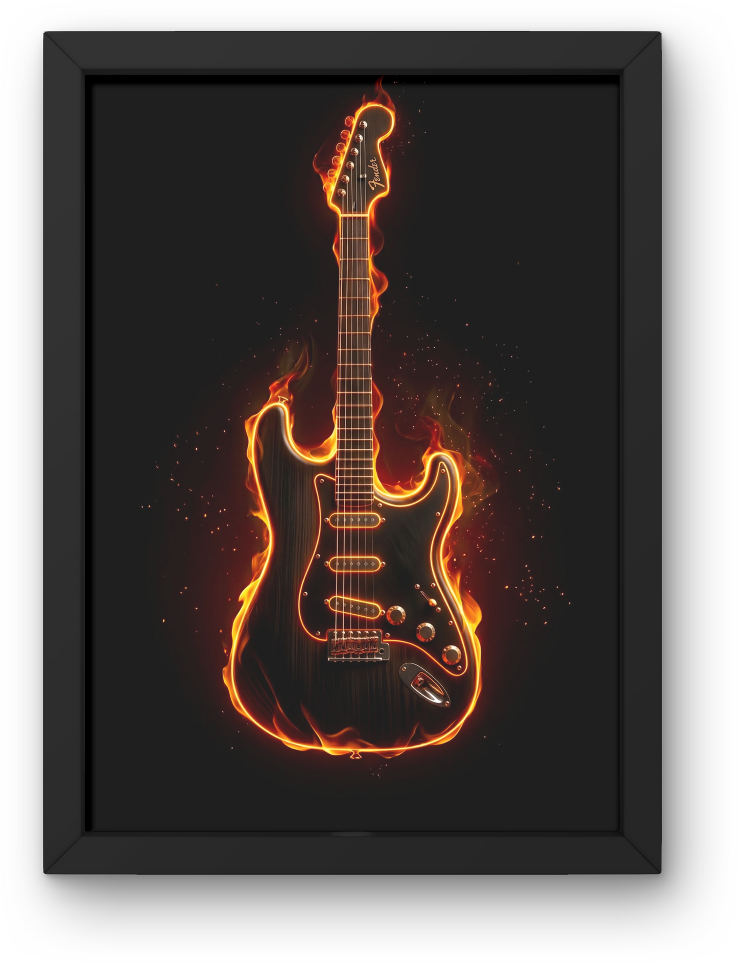 Framed artwork of a guitar silhouette on fire against a black background