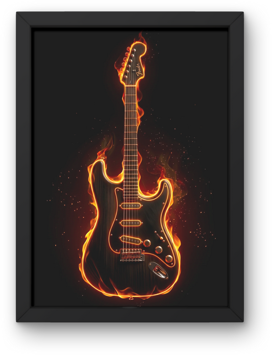 Framed artwork of a flaming Fender stratocaster guitar on a black background