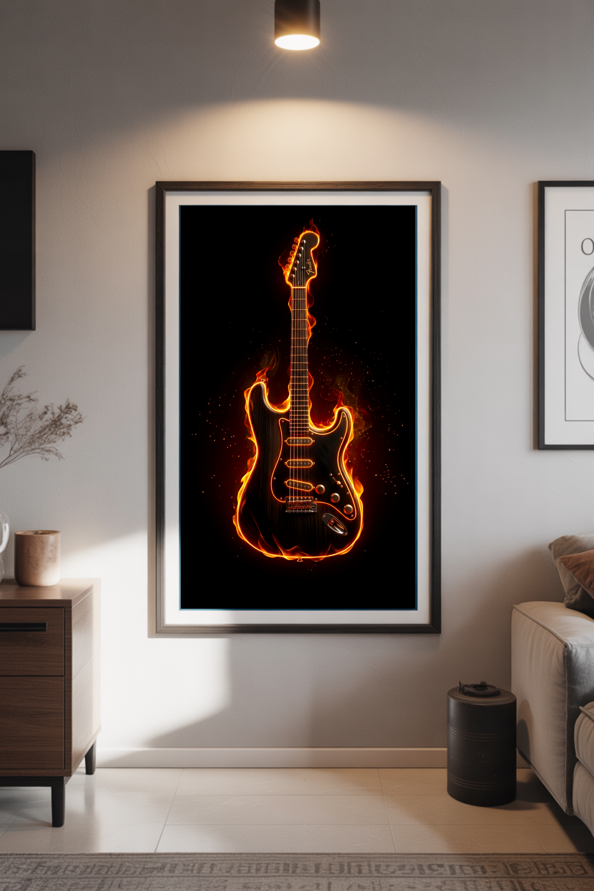 Framed artwork of a guitar on fire in a living room setting.