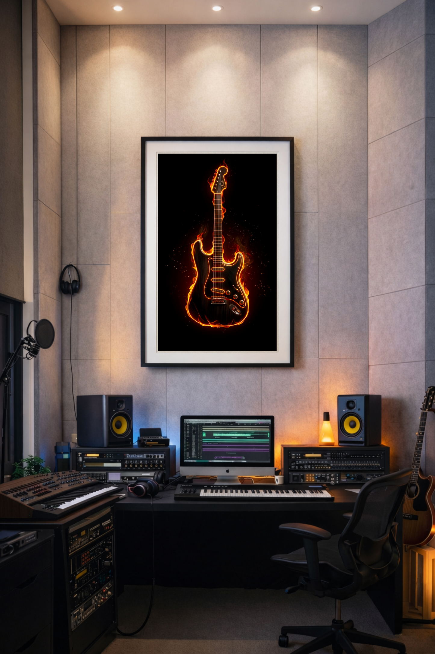Home studio with musical equipment and a framed guitar artwork on the wall.