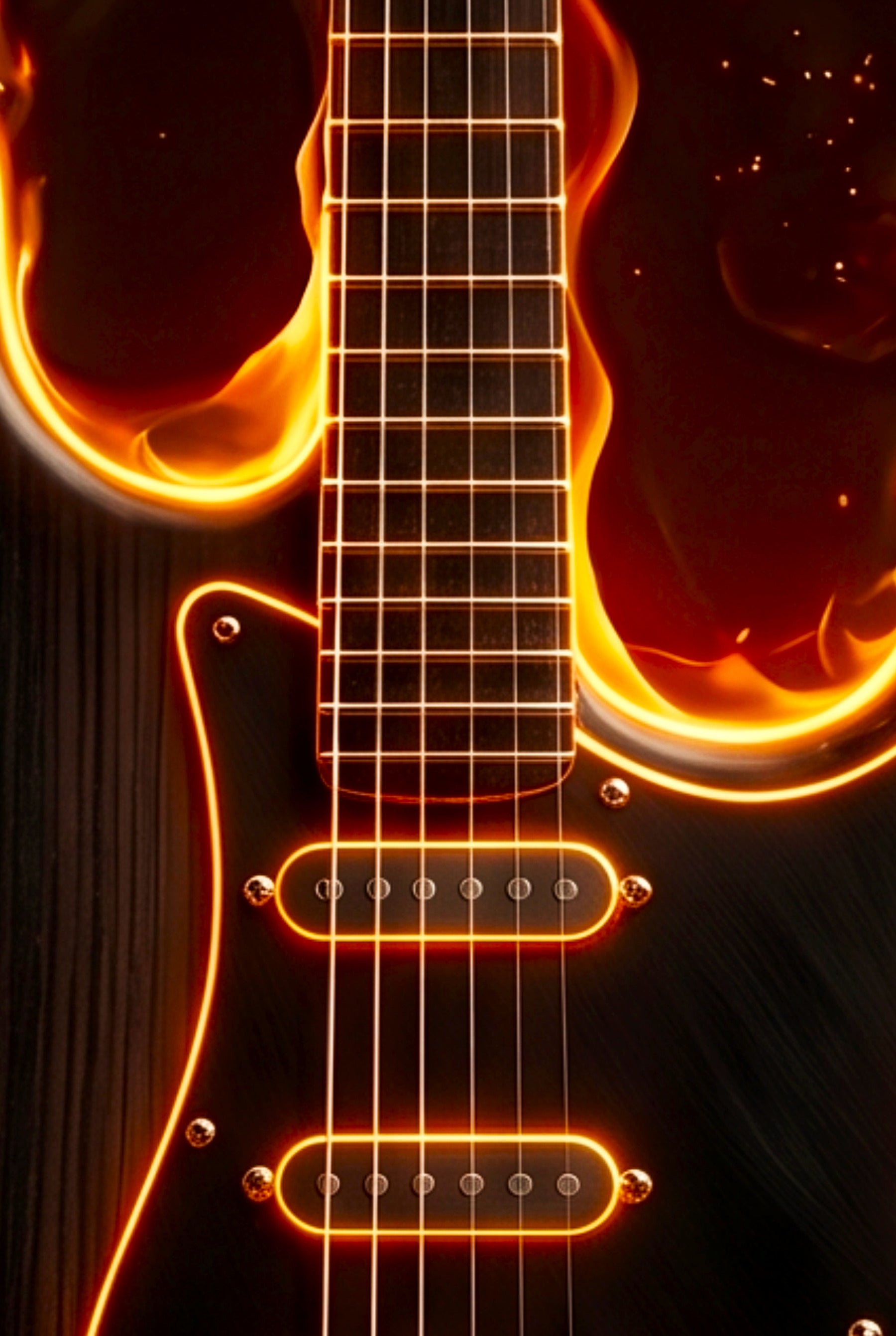 Guitar with glowing orange and red flames on a dark background