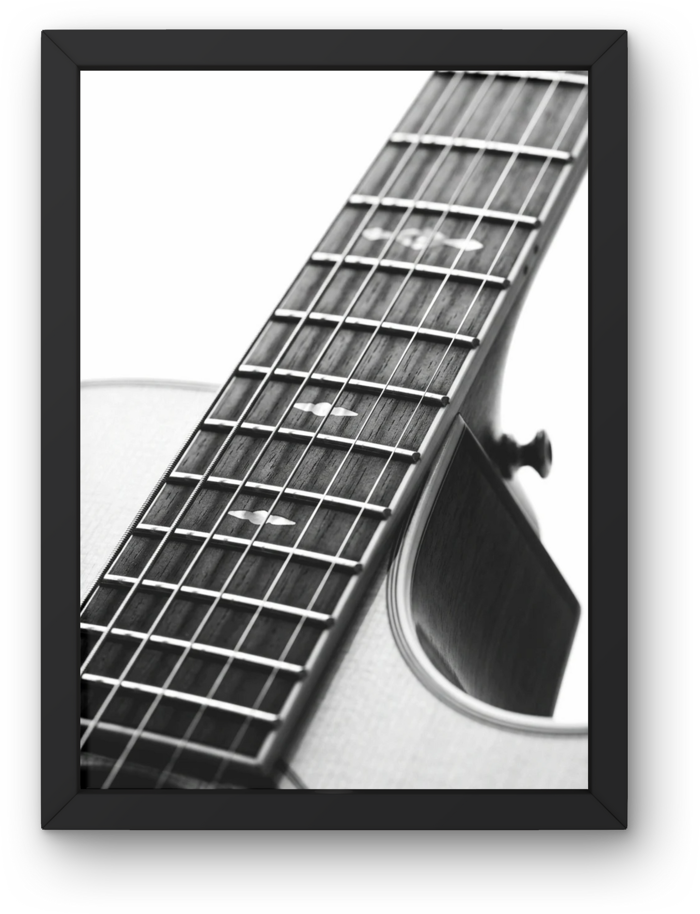 First Light acoustic guitar fretboard print in a black frame — black and white close-up of rosewood fretboard with butterfly inlays