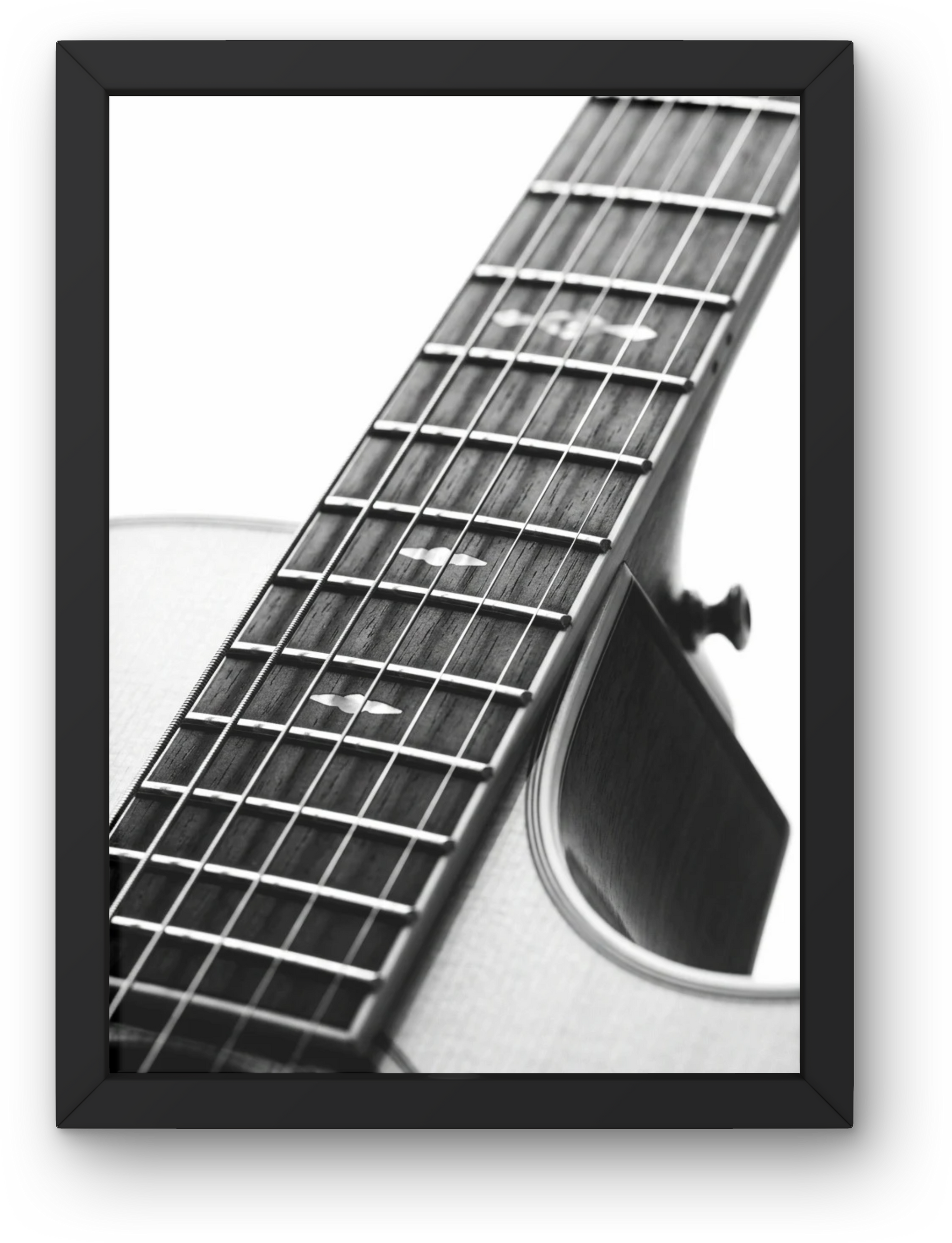 First Light acoustic guitar fretboard print in a black frame — black and white close-up of rosewood fretboard with butterfly inlays
