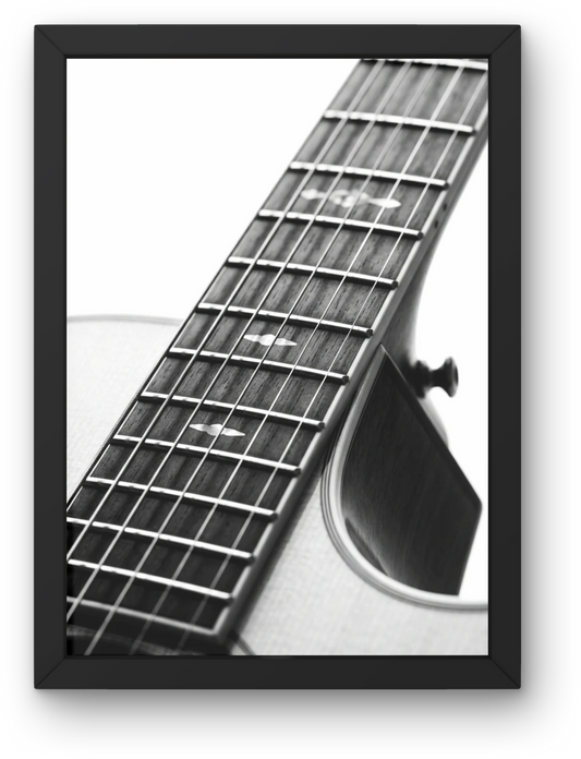 First Light acoustic guitar fretboard print in a black frame — black and white close-up of rosewood fretboard with butterfly inlays