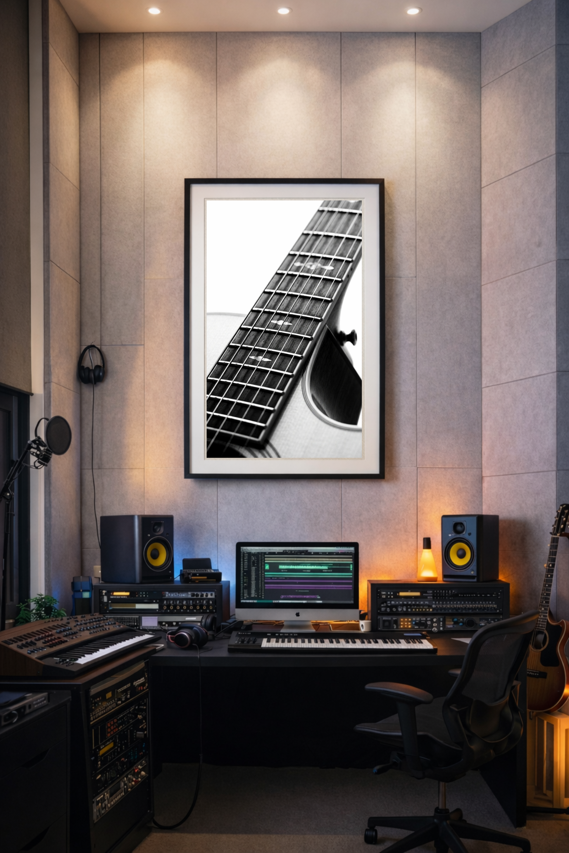 First Light acoustic guitar print framed above a professional home recording studio desk — black and white acoustic guitar wall art for music studios