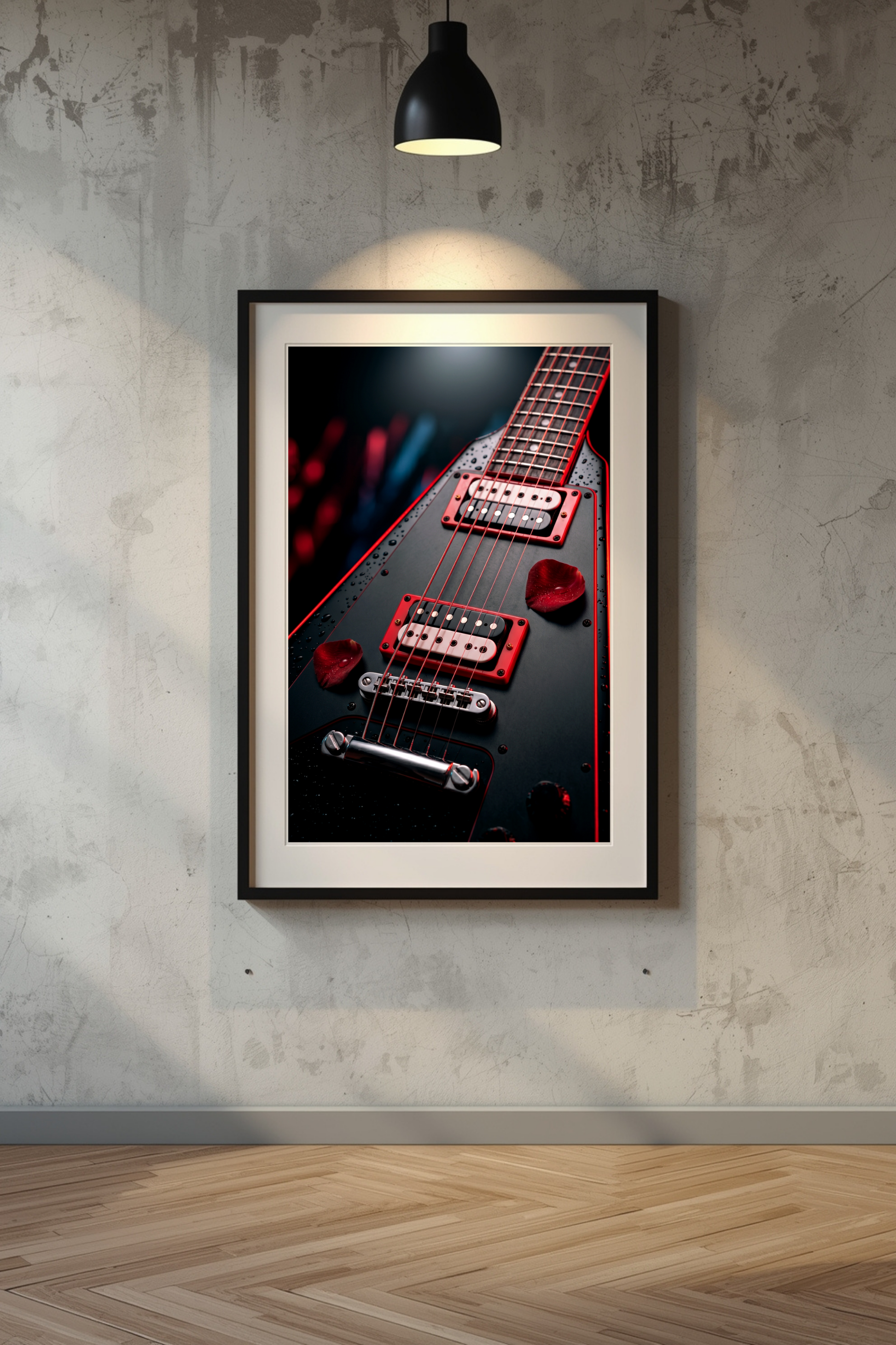 Framed poster of a red and black flying V electric guitar on a textured wall.