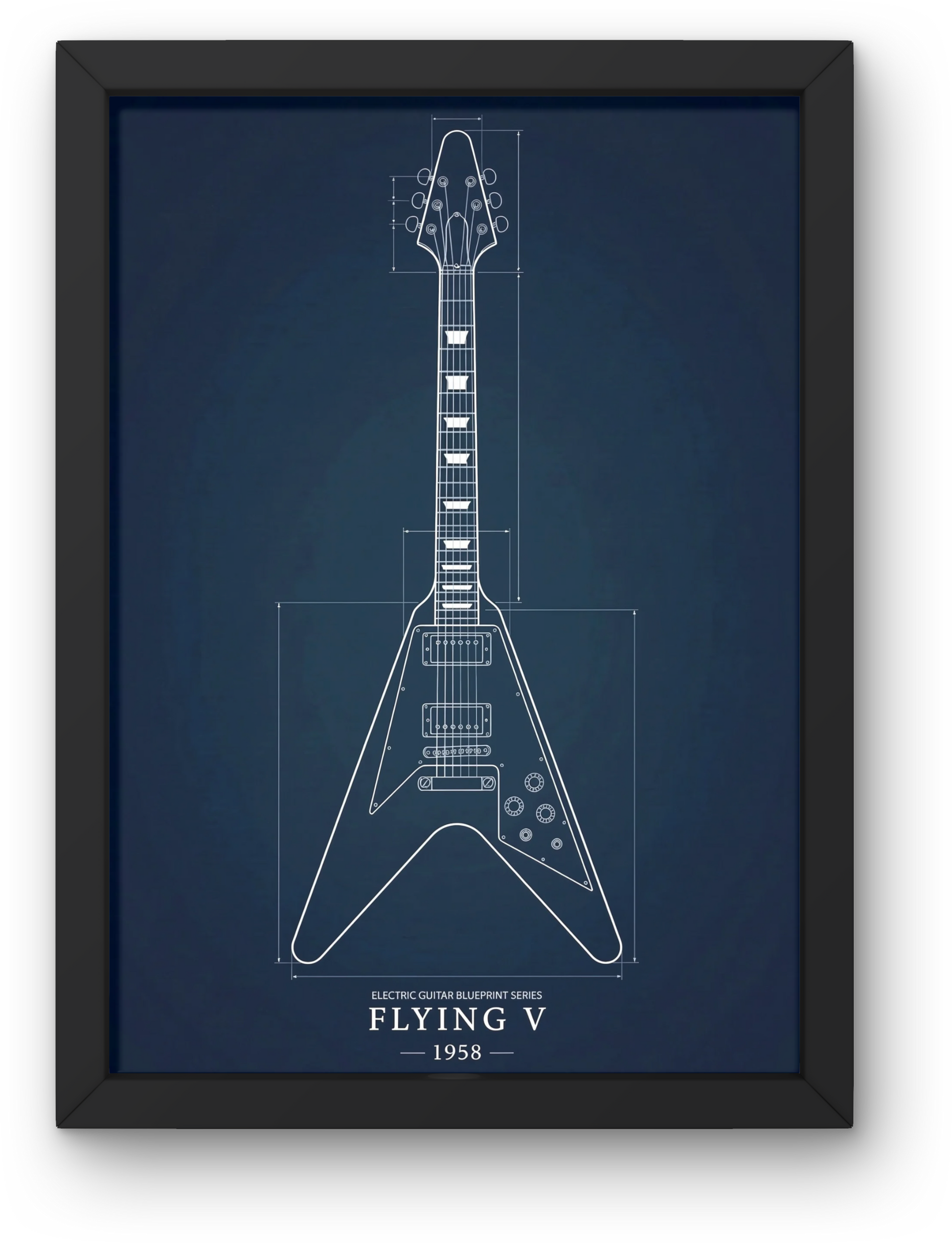 Framed blueprint of a flying v guitar on a blue background