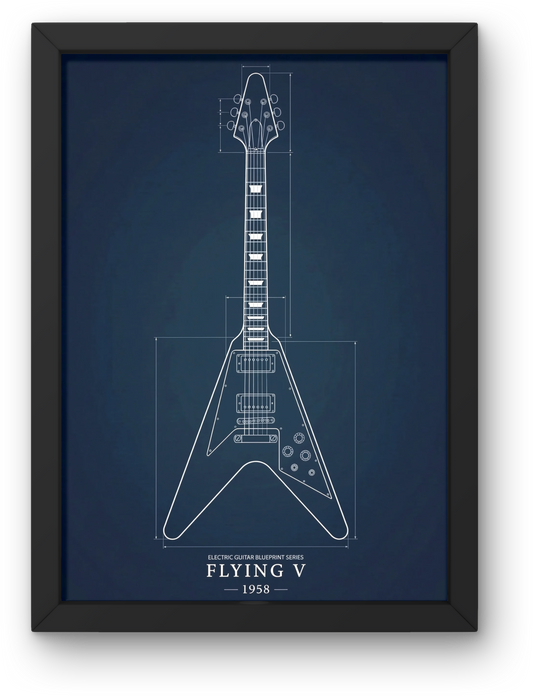 Framed blueprint of a flying v guitar on a blue background