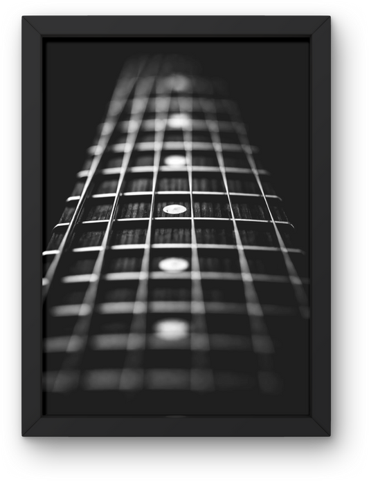Framed black and white photo of a guitar neck with close-up of frets