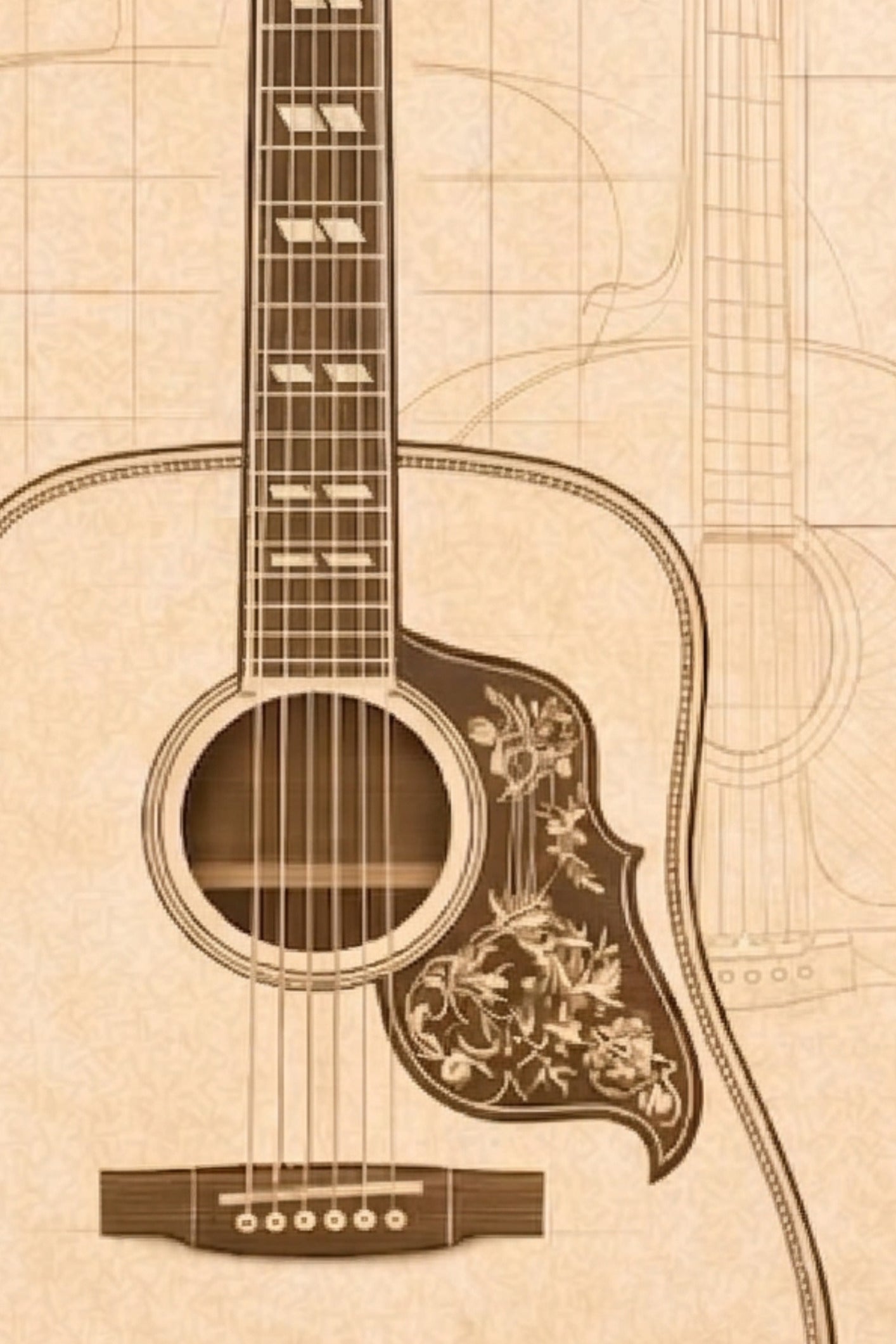Close up of a Gibson Hummingbird acoustic guitar on a beige background.