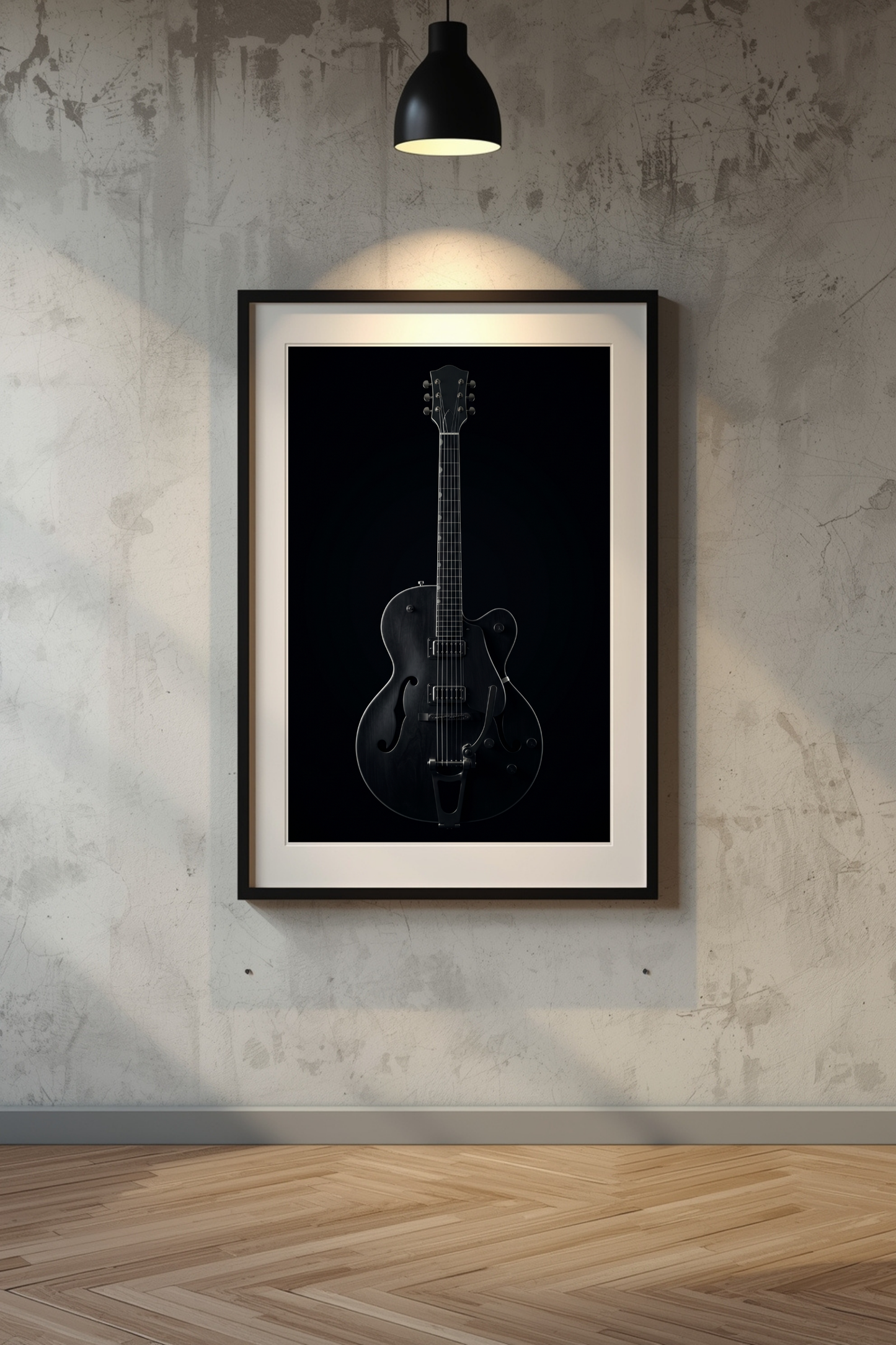Gretsch Shadow guitar art print in a black frame on a concrete wall with pendant lighting — Guitar Prints
