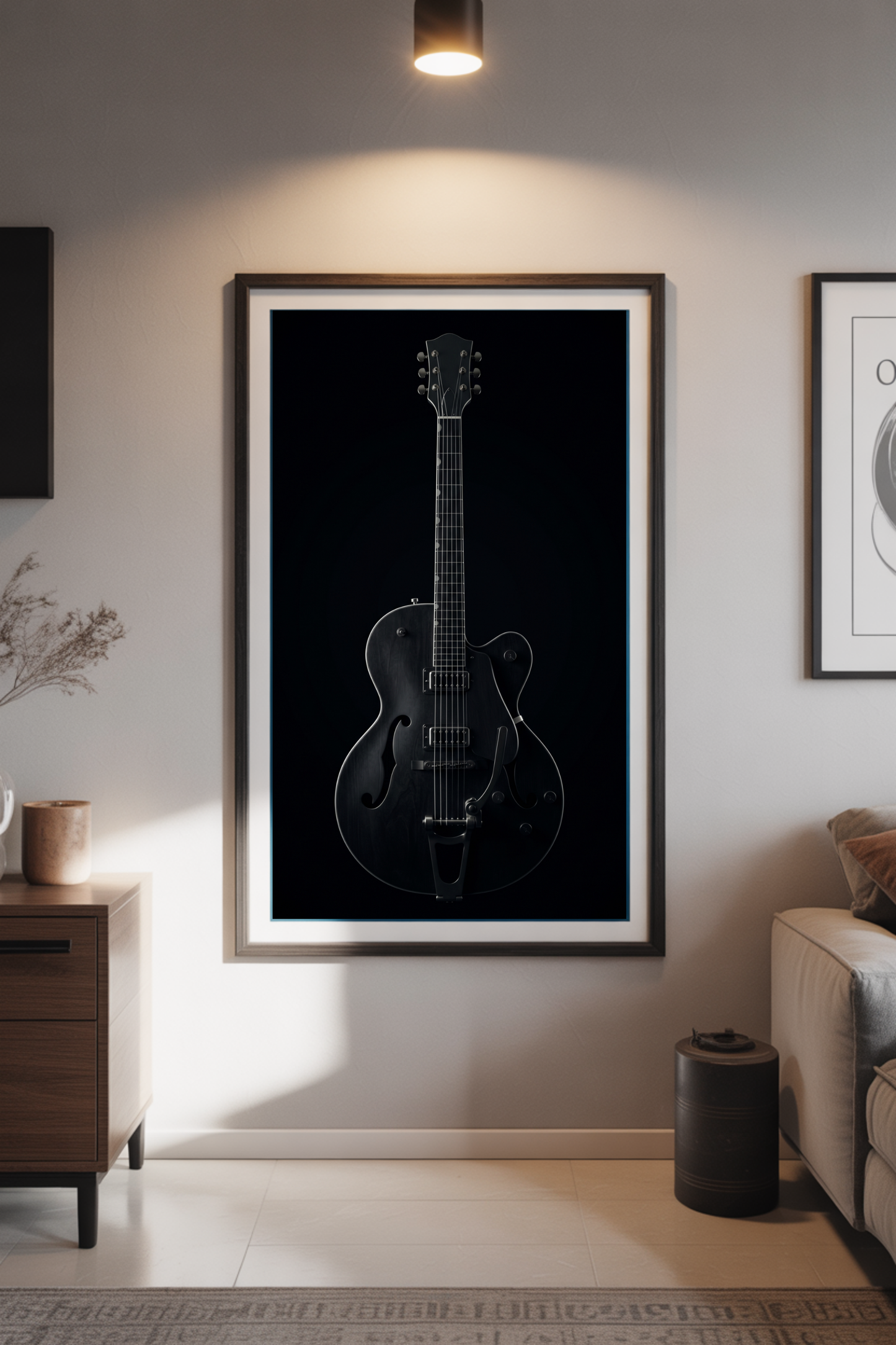 Gretsch Shadow guitar art print in a black frame on a white living room wall — Guitar Prints