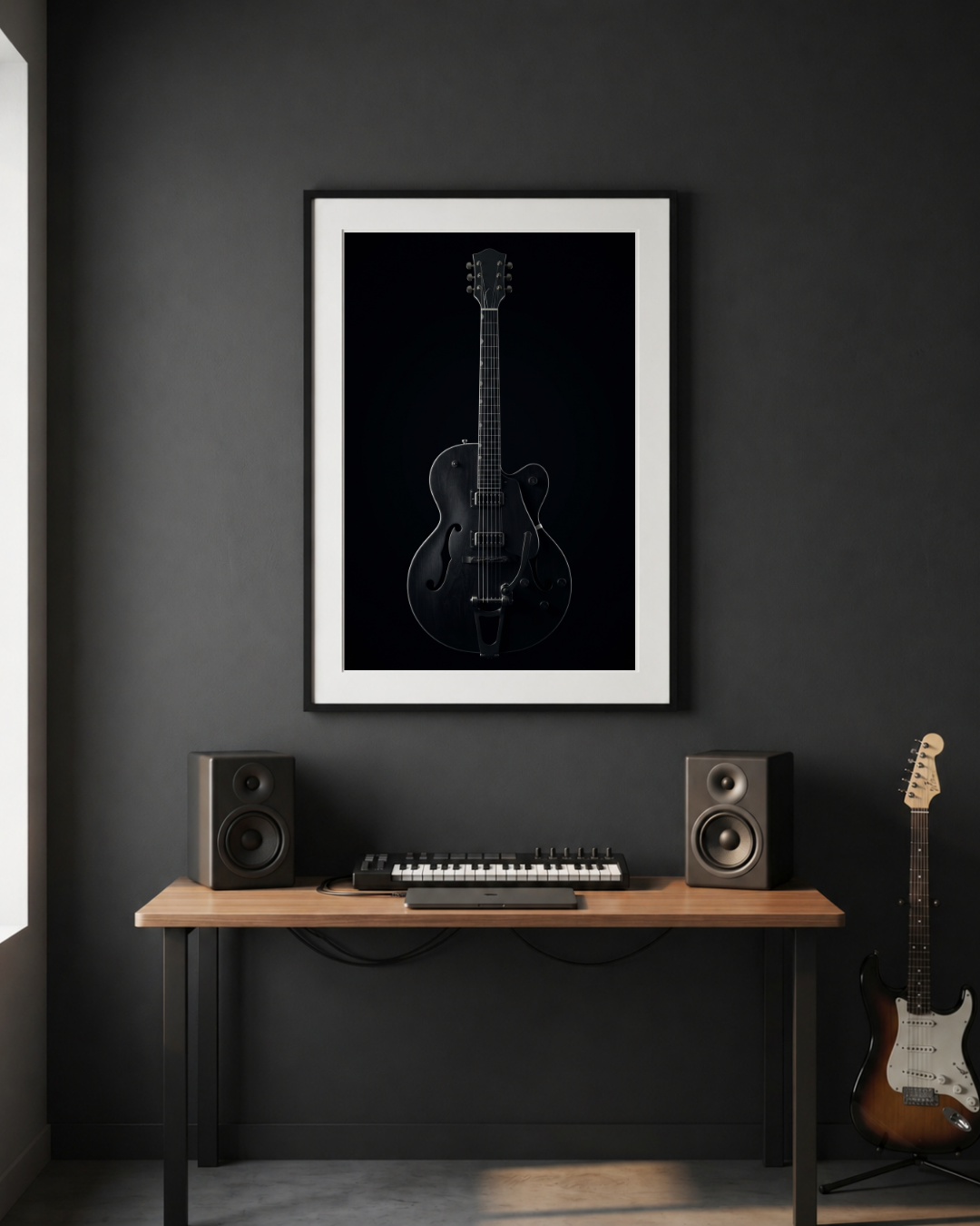 Gretsch Shadow guitar art print above a home studio desk with studio monitors and keyboard — Guitar Prints
