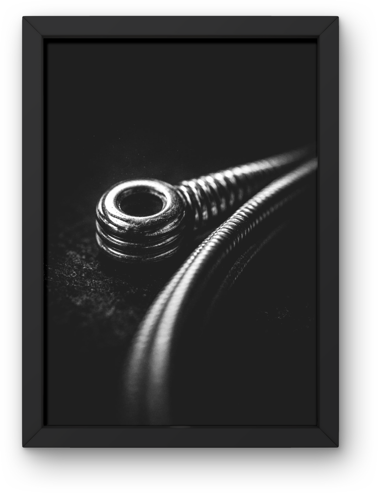Black and white macro photograph of a guitar string showing detailed texture and contrast