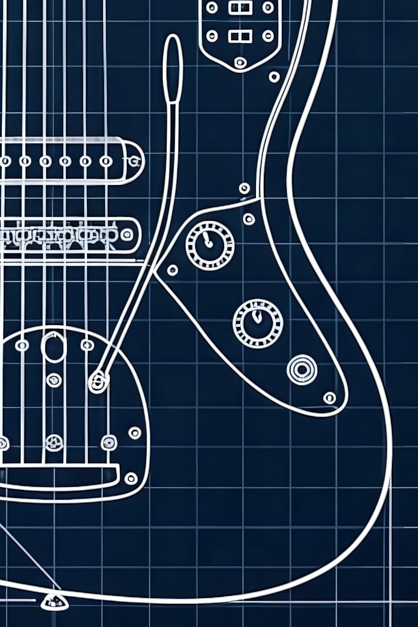 White outline of an electric guitar on a blue grid background