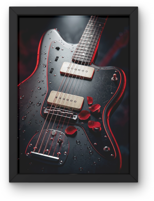 Framed artwork of a black electric guitar with red accents on a dark background
