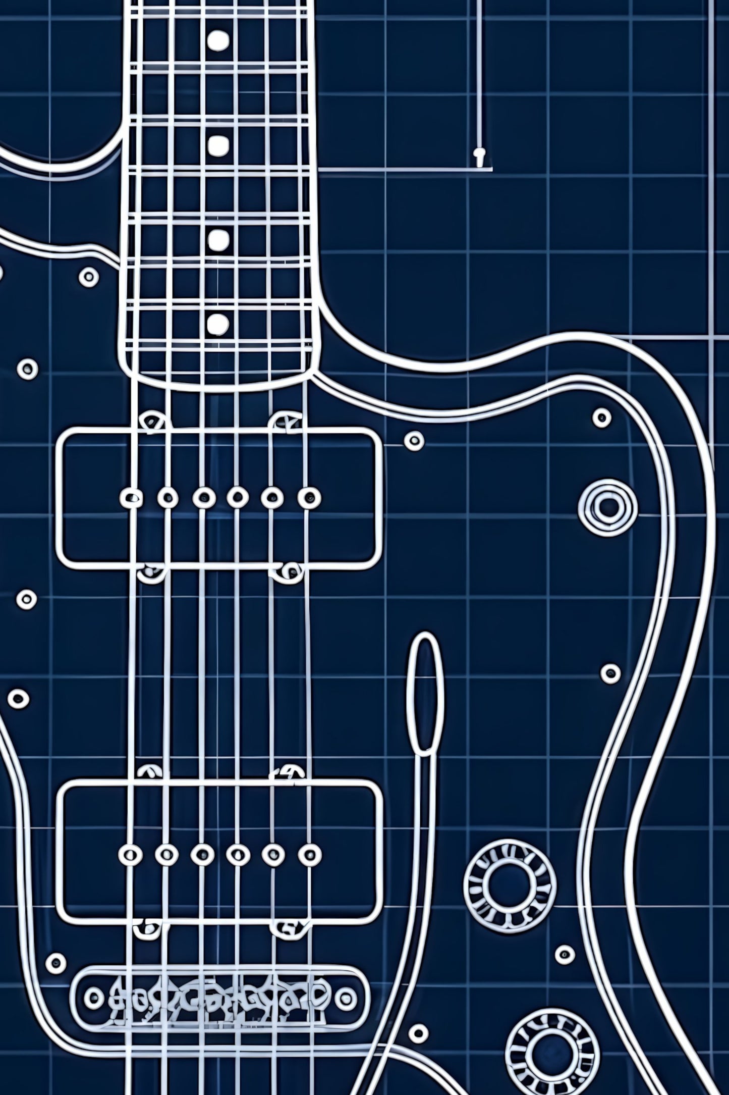 White outline of a guitar on a blue grid background