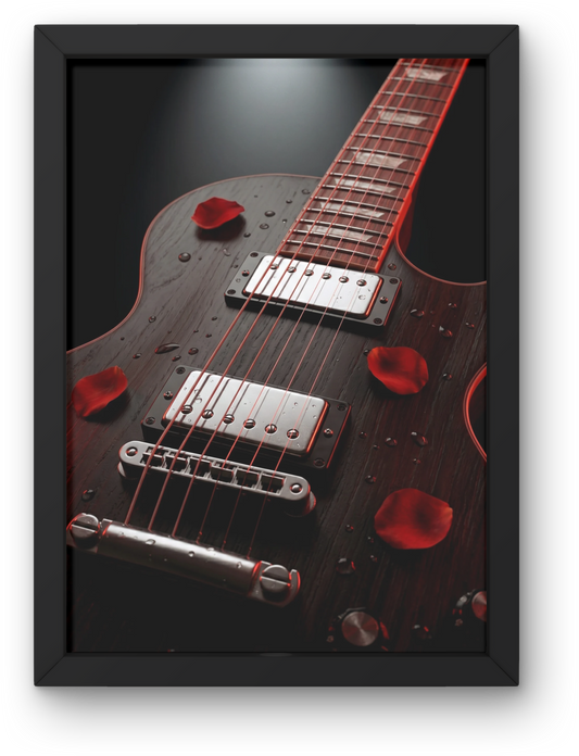 Framed artwork of a les paul guitar with red accents on a dark background