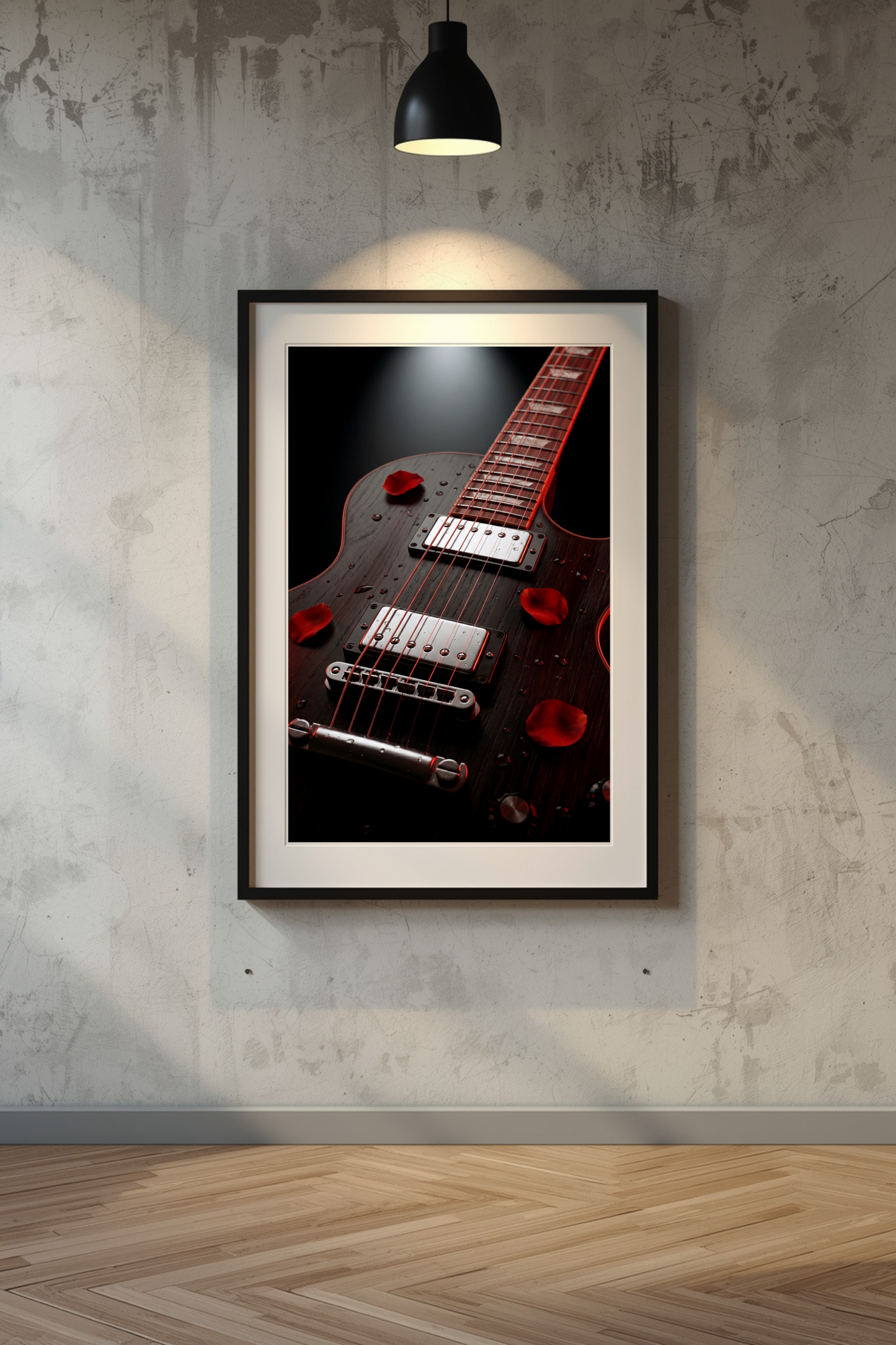 Framed picture of a les paul guitar on a textured wall with a lamp above