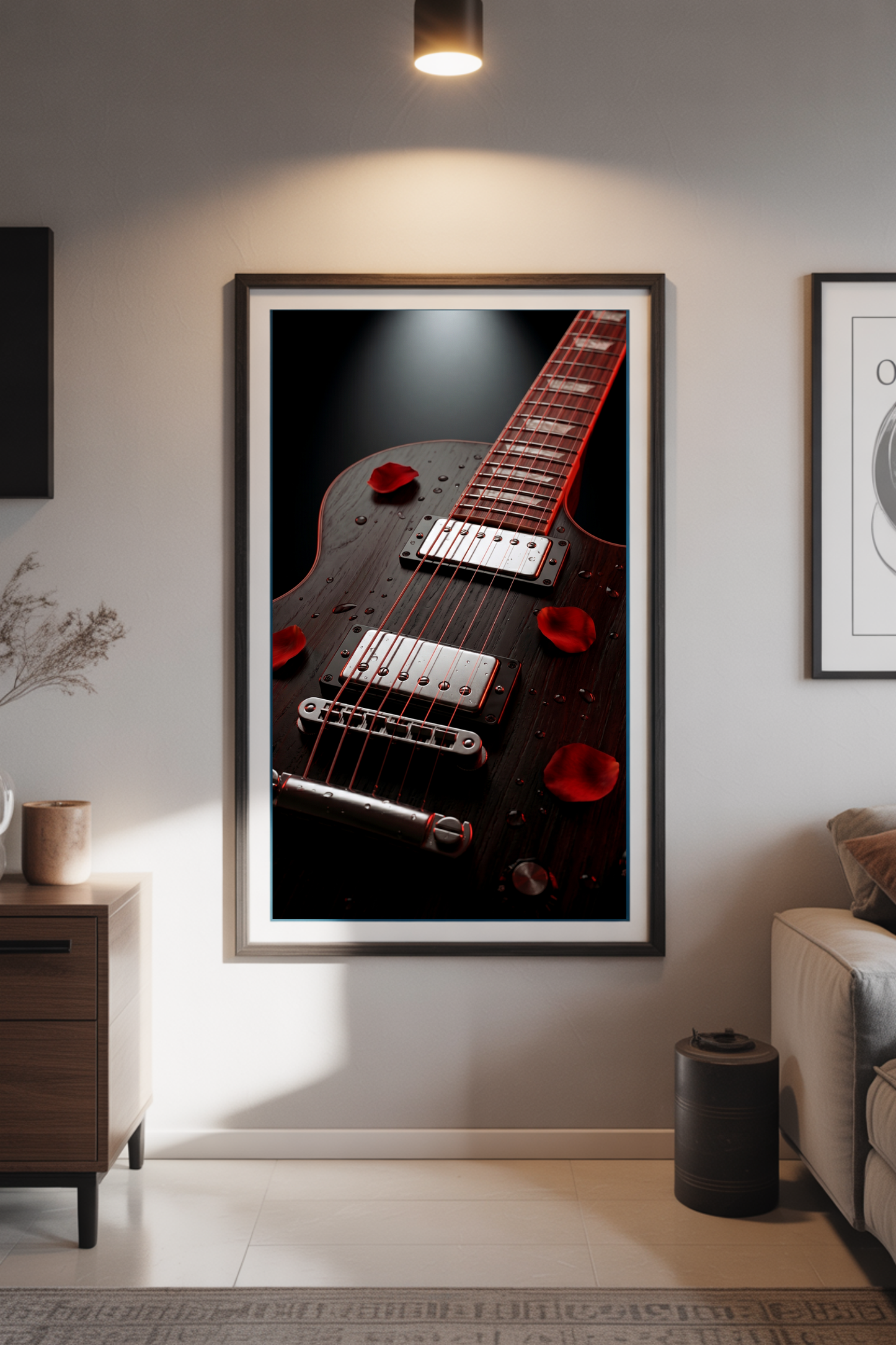 Framed les paul guitar artwork on a wall in a living room setting