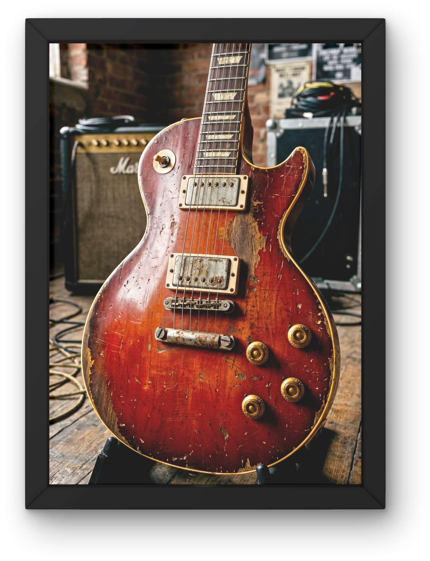 Vintage les paul electric guitar with a worn finish in front of amplifier equipment.