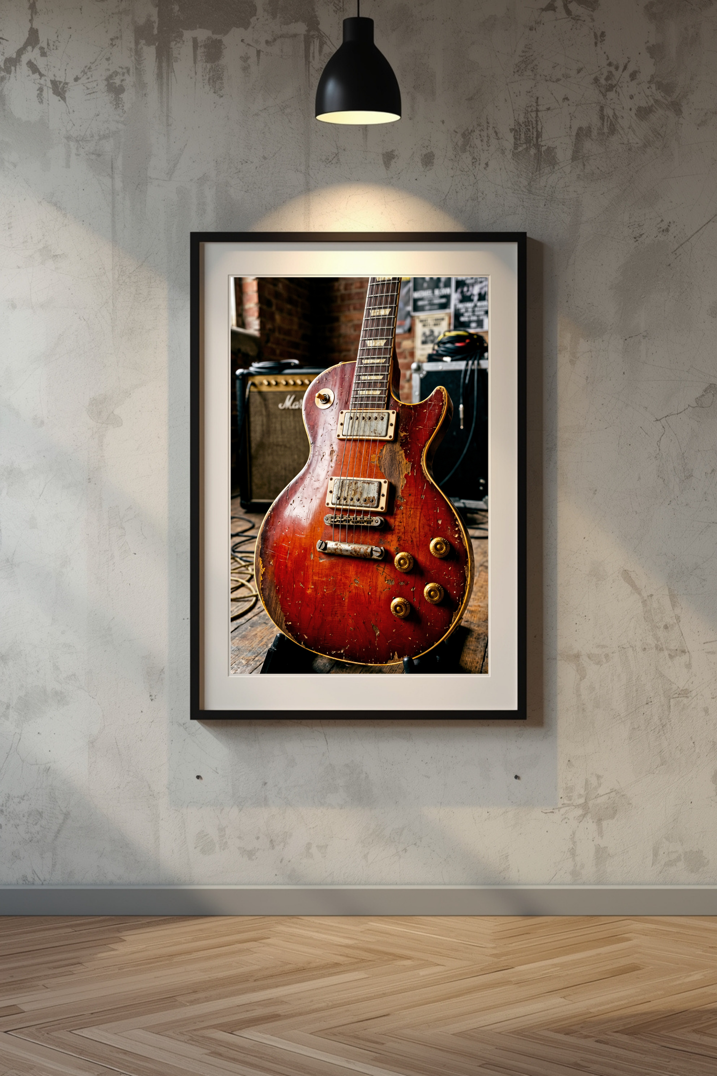 framed relic les paul guitar