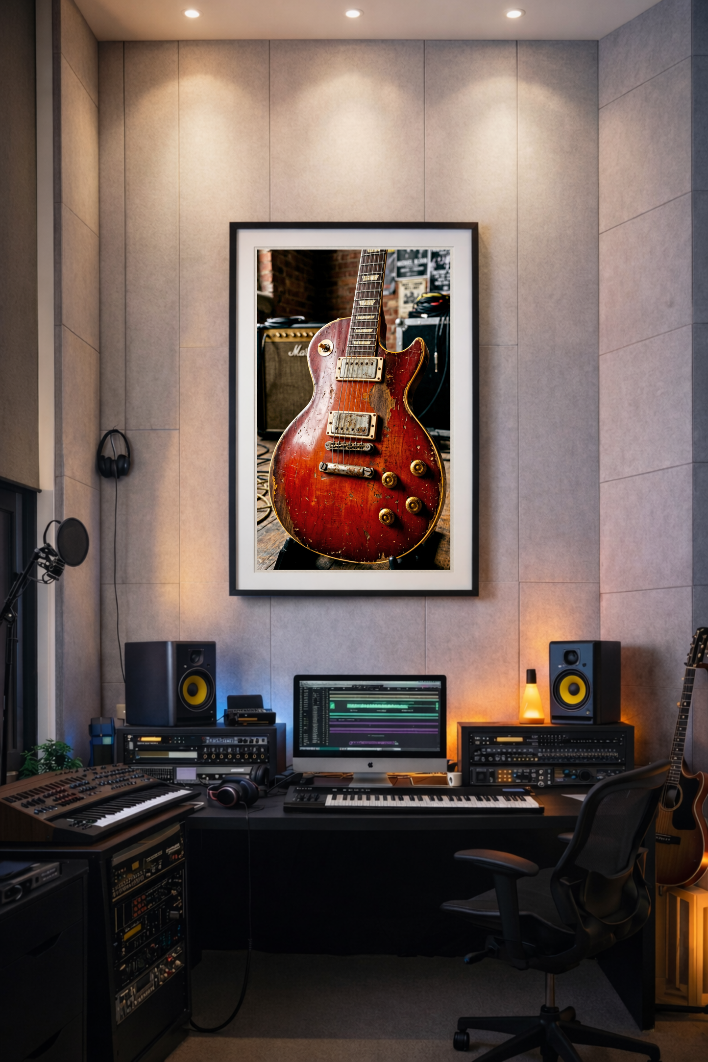 framed relic les paul guitar in a studio setting