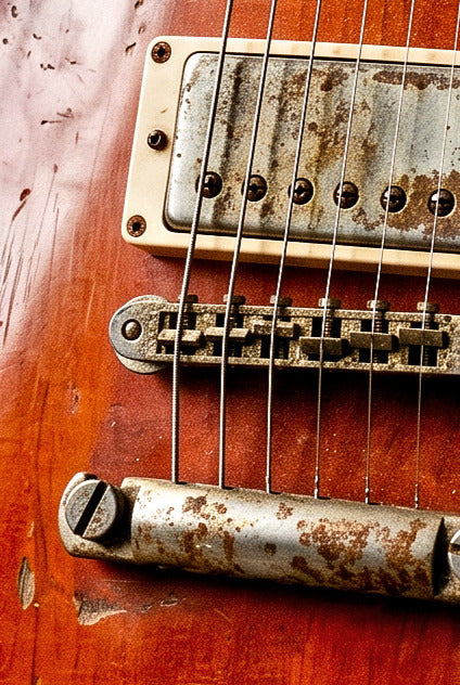 close up of a relic les paul guitar