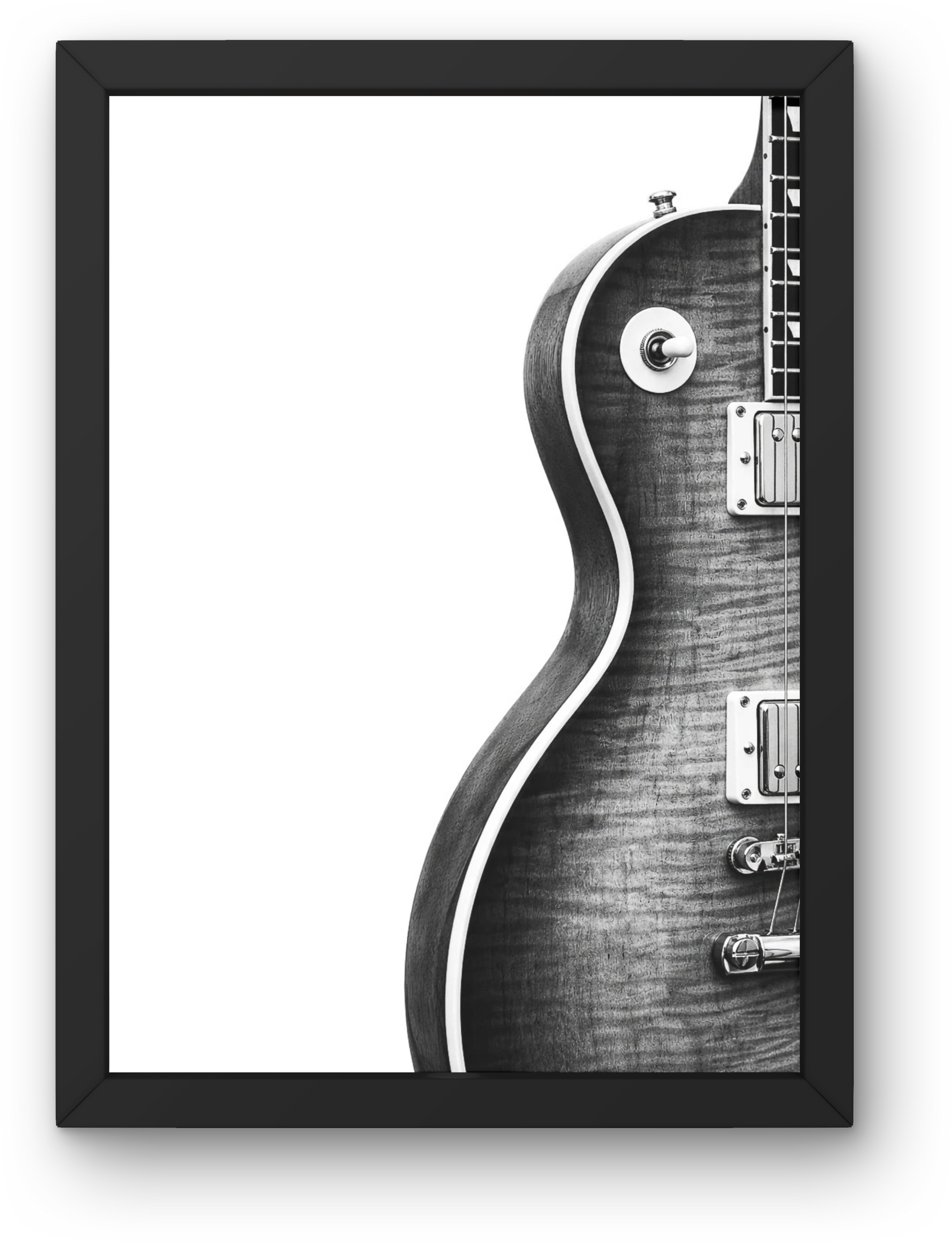 Black and white Les Paul style guitar print with close-up body detail and minimalist composition