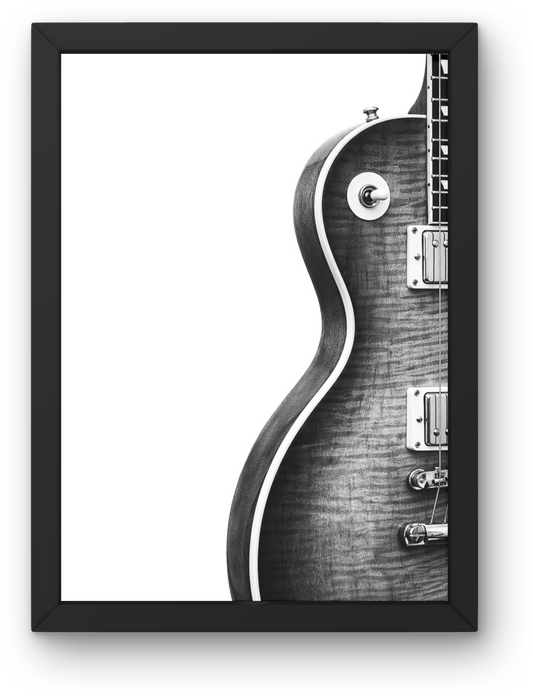 Black and white Les Paul style guitar print with close-up body detail and minimalist composition