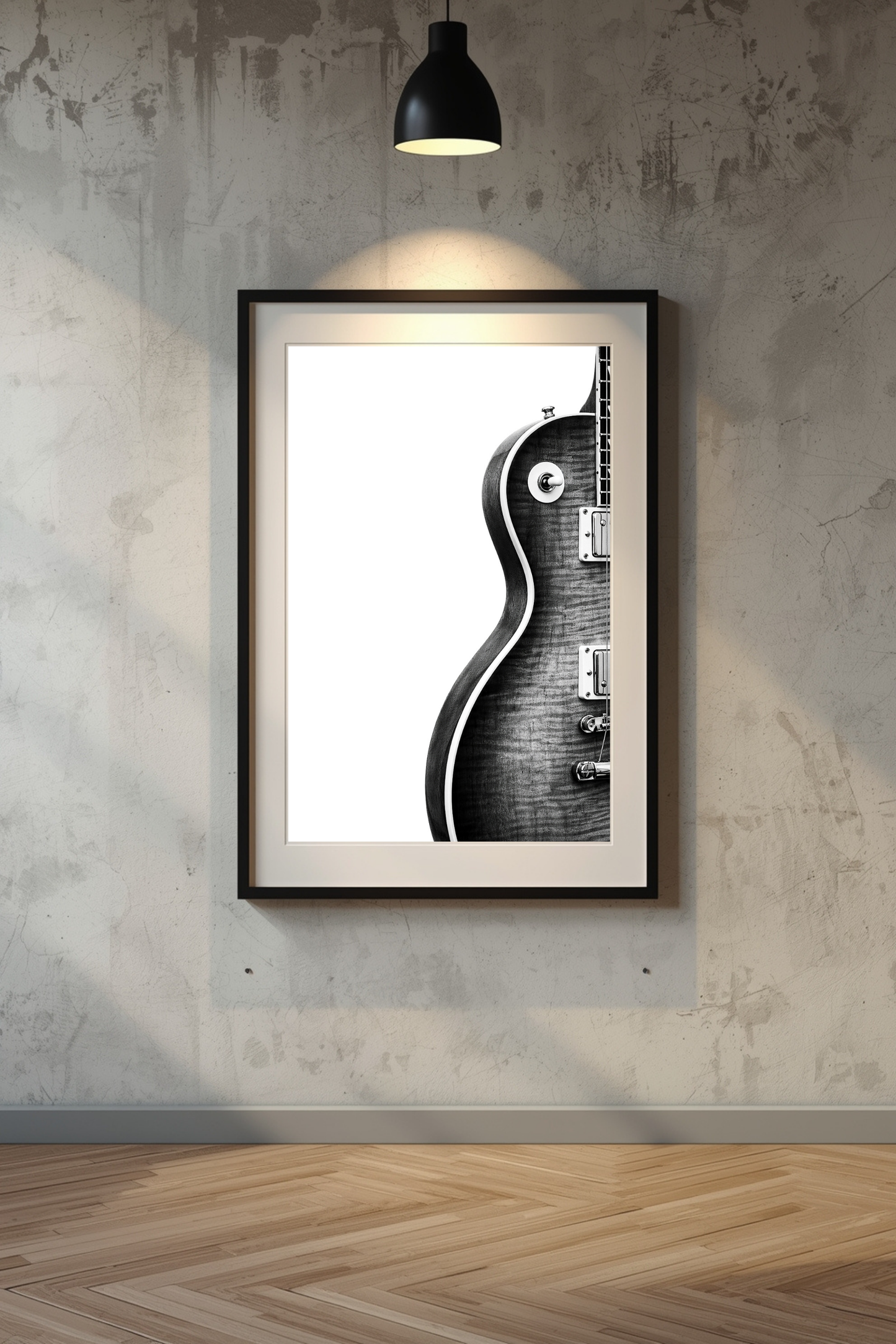 Framed black and white Les Paul style guitar print with close-up body detail and minimalist composition on a wall.