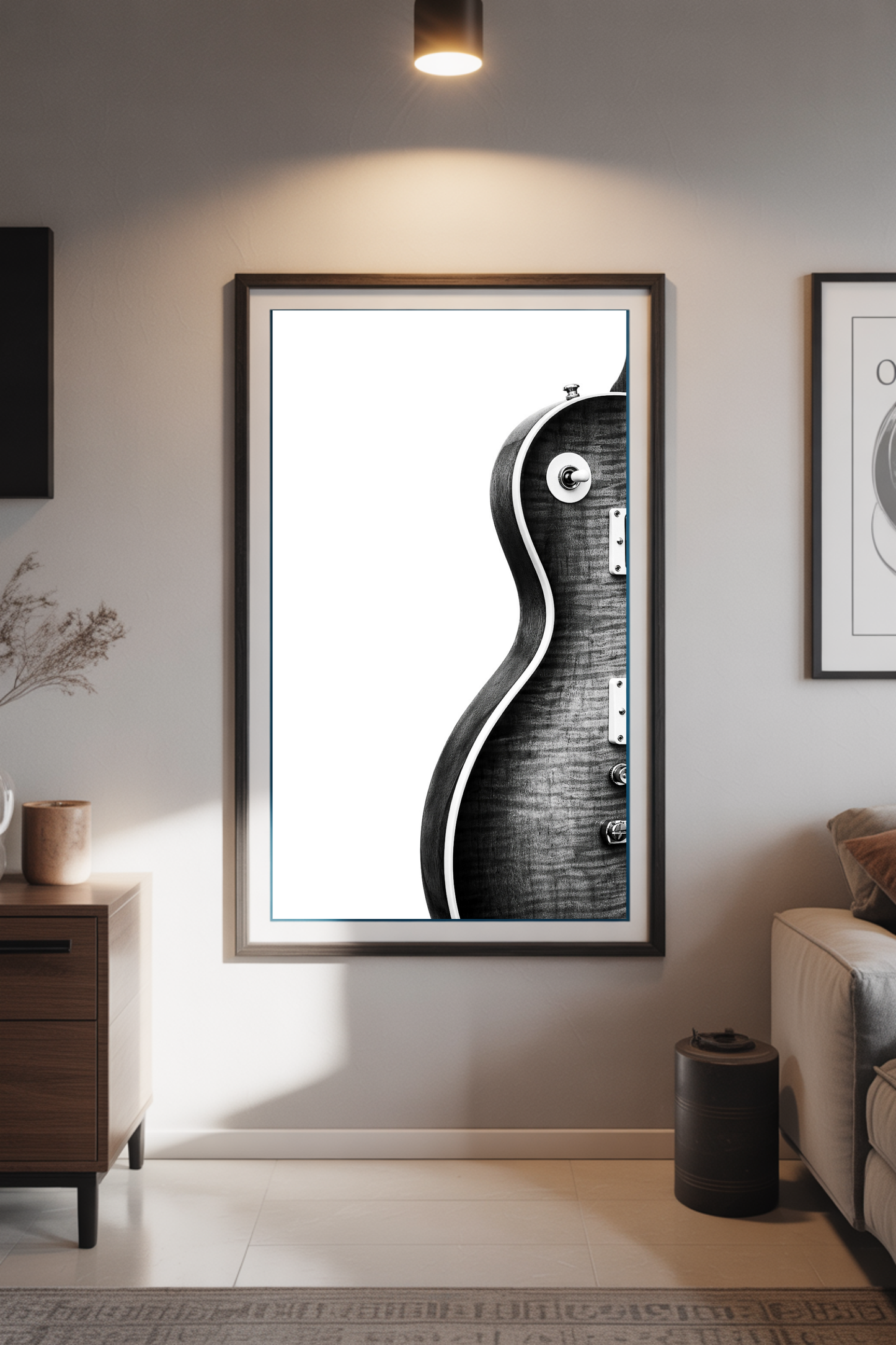 Black and white Les Paul style guitar print with close-up body detail and minimalist composition in a living room setting