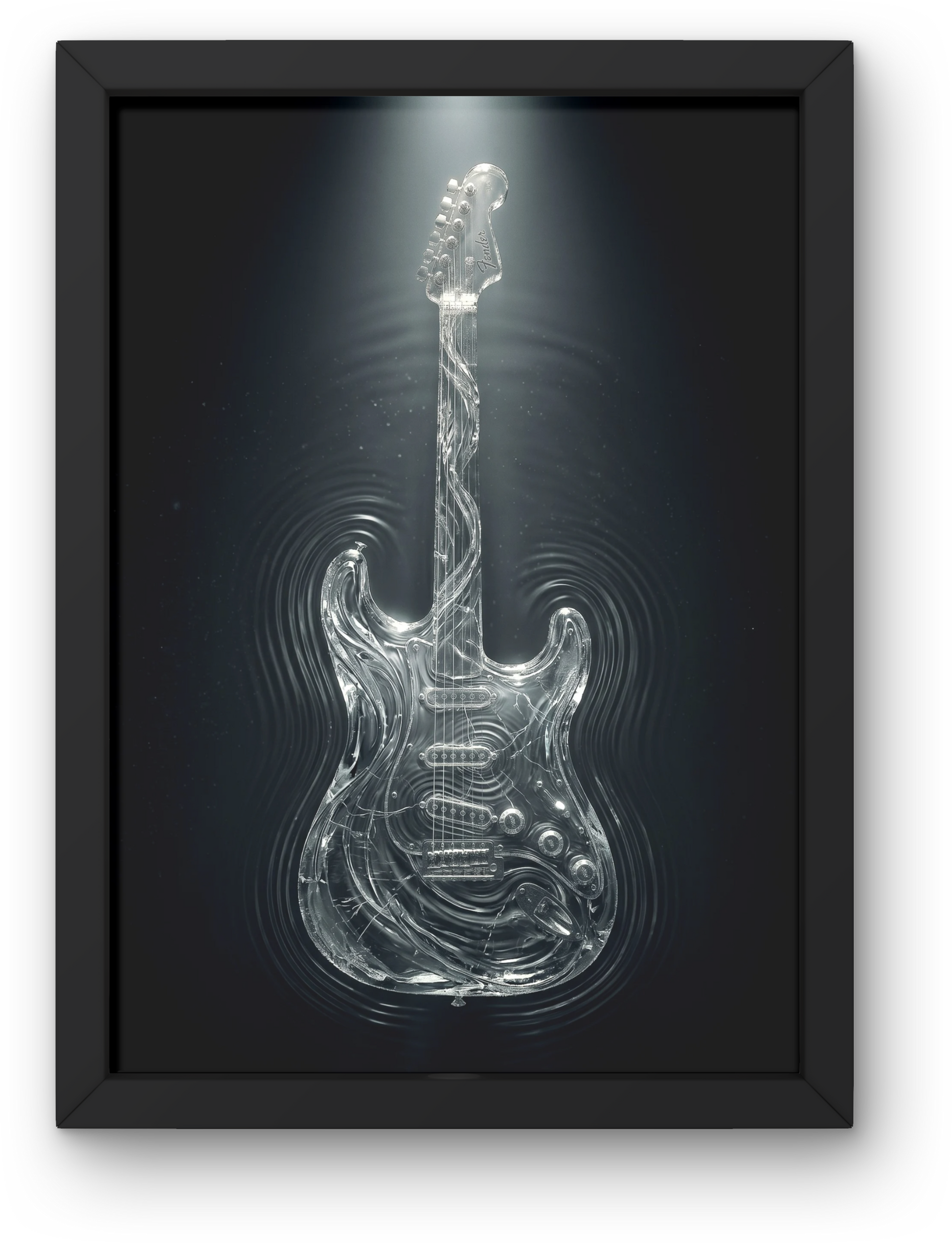 Framed artwork of a water guitar on a dark background