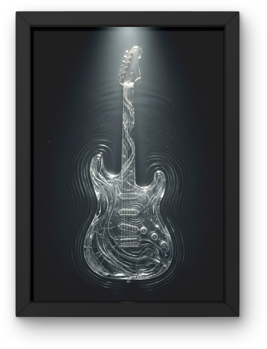 Framed artwork of a water guitar on a dark background