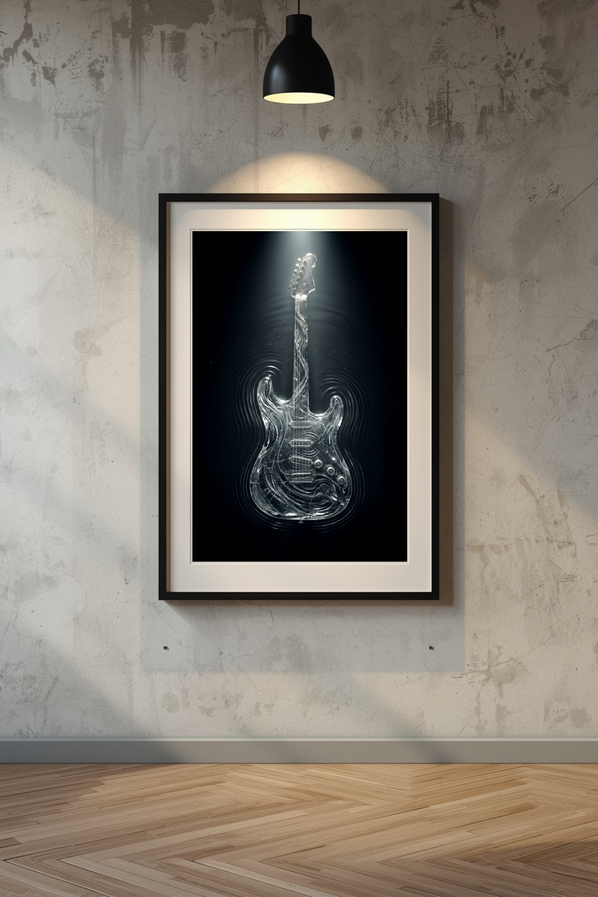Framed artwork of an abstract water guitar on a textured wall with a light fixture.
