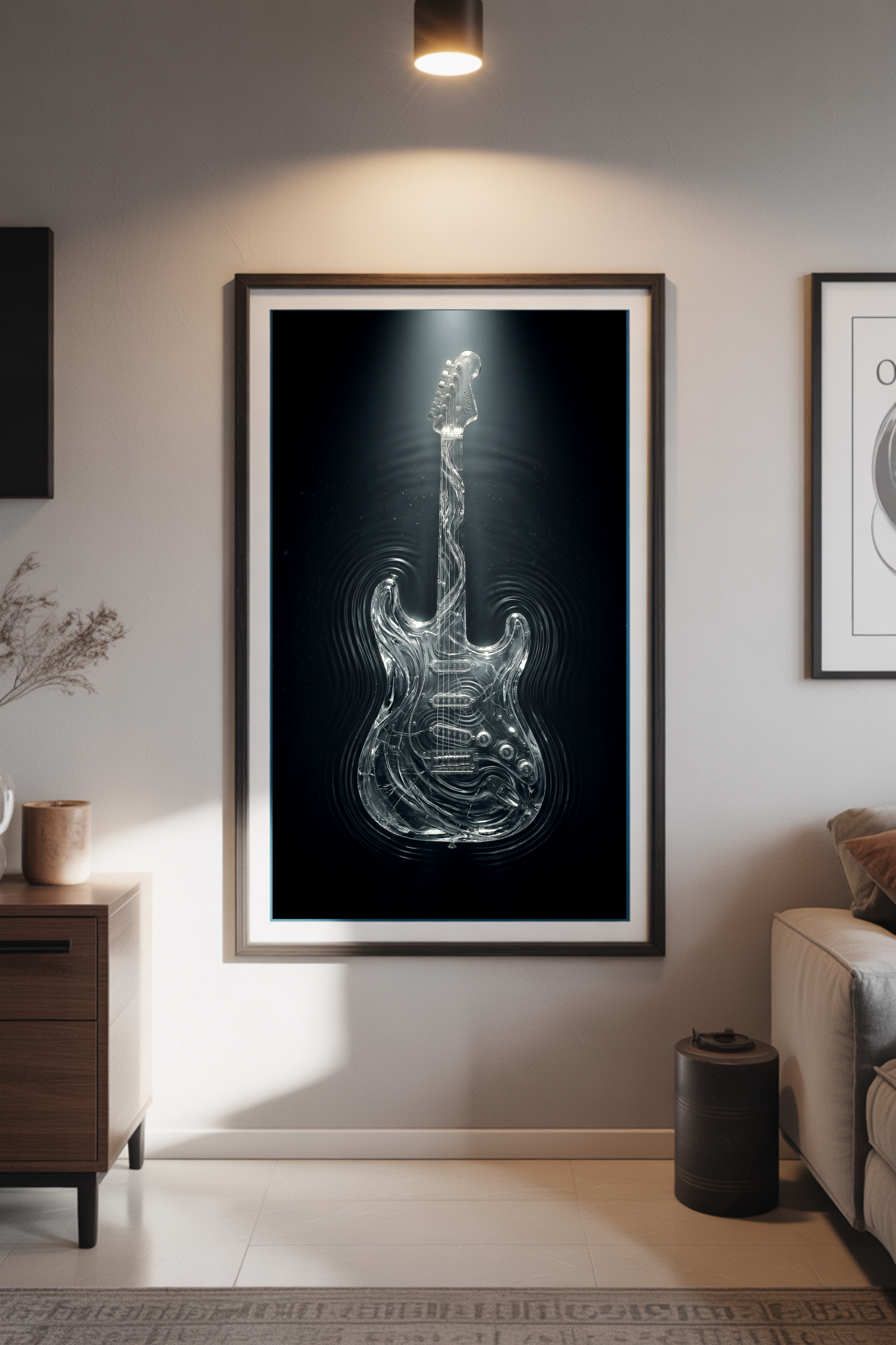 Framed artwork of an abstract water guitar on a wall in a living room setting