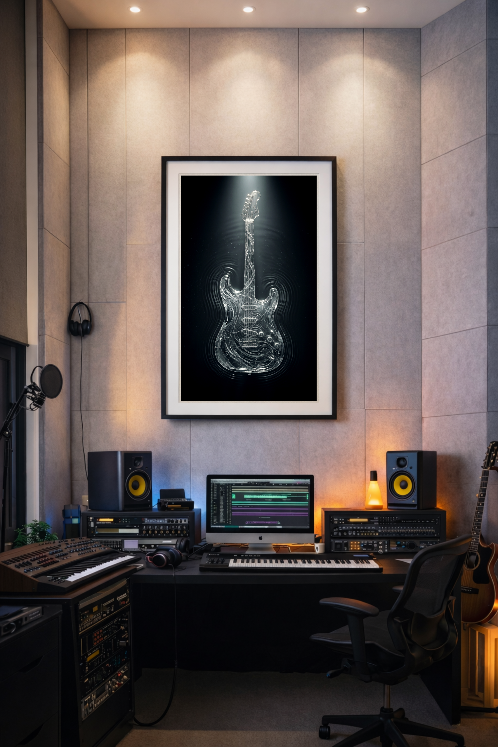 Music studio with electronic equipment and a framed abstract water guitar artwork on the wall.