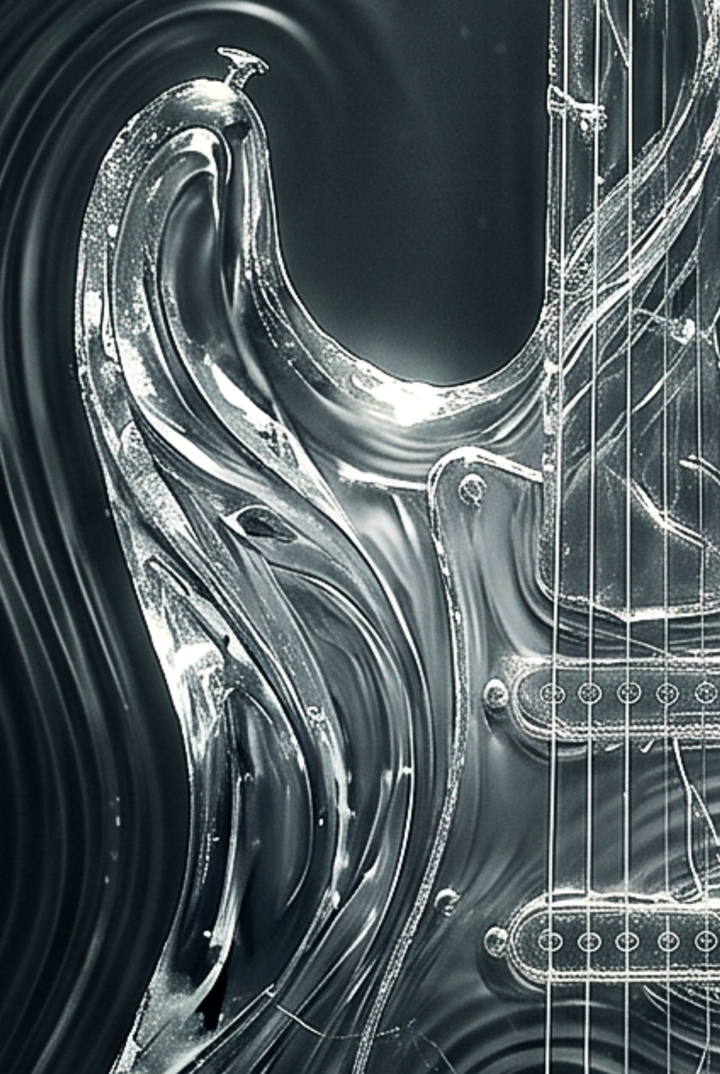 Close-up of a silver water electric guitar with a wavy design on a black background