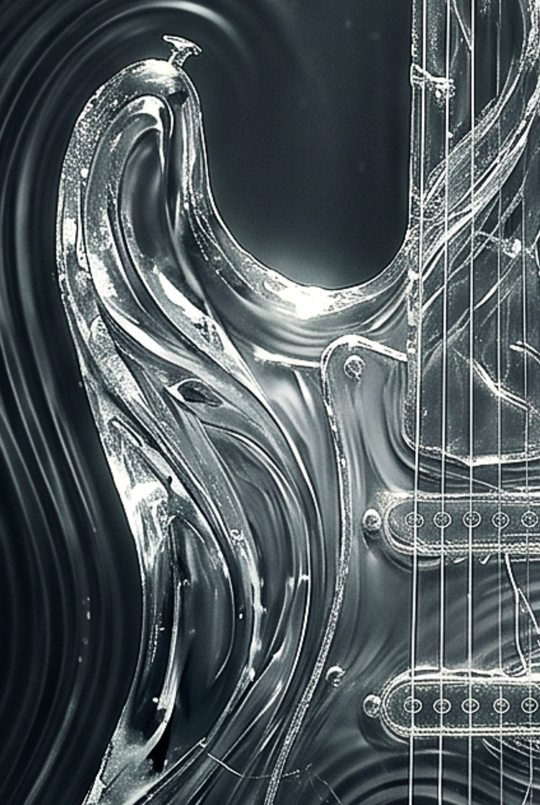 Close-up of a silver water electric guitar with a wavy design on a black background