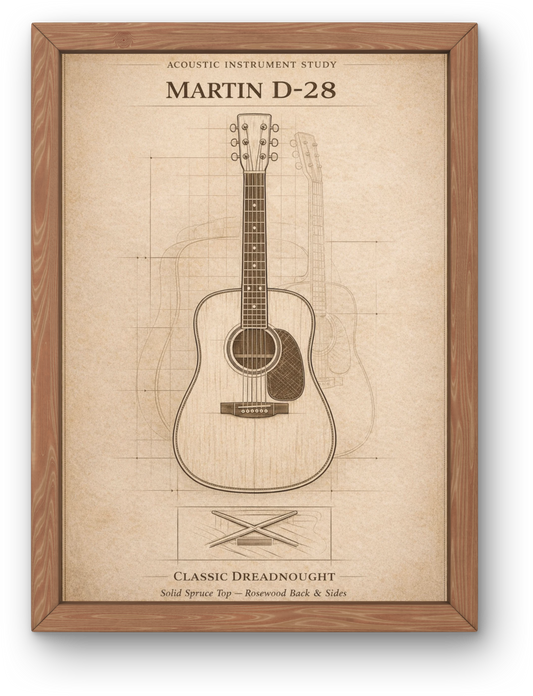 Framed acoustic guitar blueprint with 'Martin D-28' on a beige background
