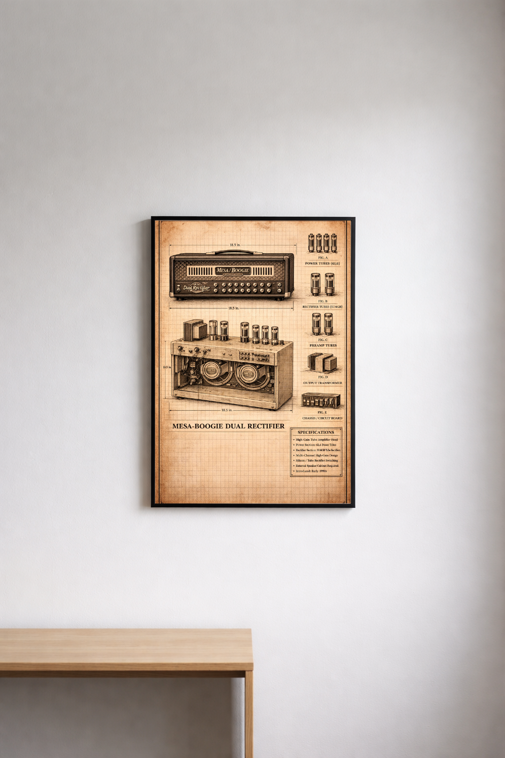 Framed vintage-style poster of a mesa boogie amplifier on a wall above a wooden desk.