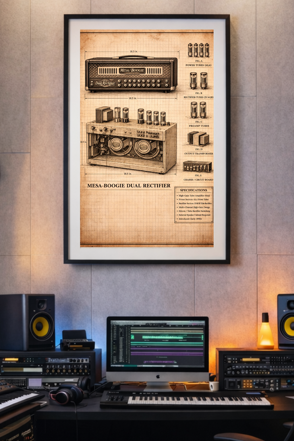 Framed vintage-style guitar equipment poster on a wall above a music production setup.