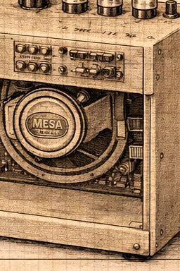 Close-up of a Mesa Boogie amplifier with detailed components.