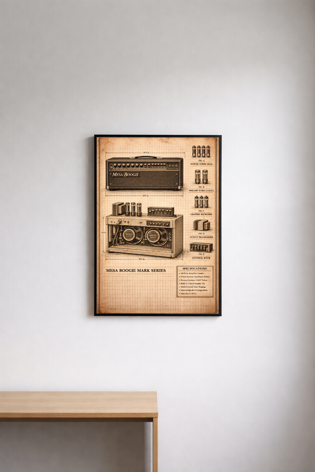 Framed poster of vintage guitar amp on a wall above a wooden desk.