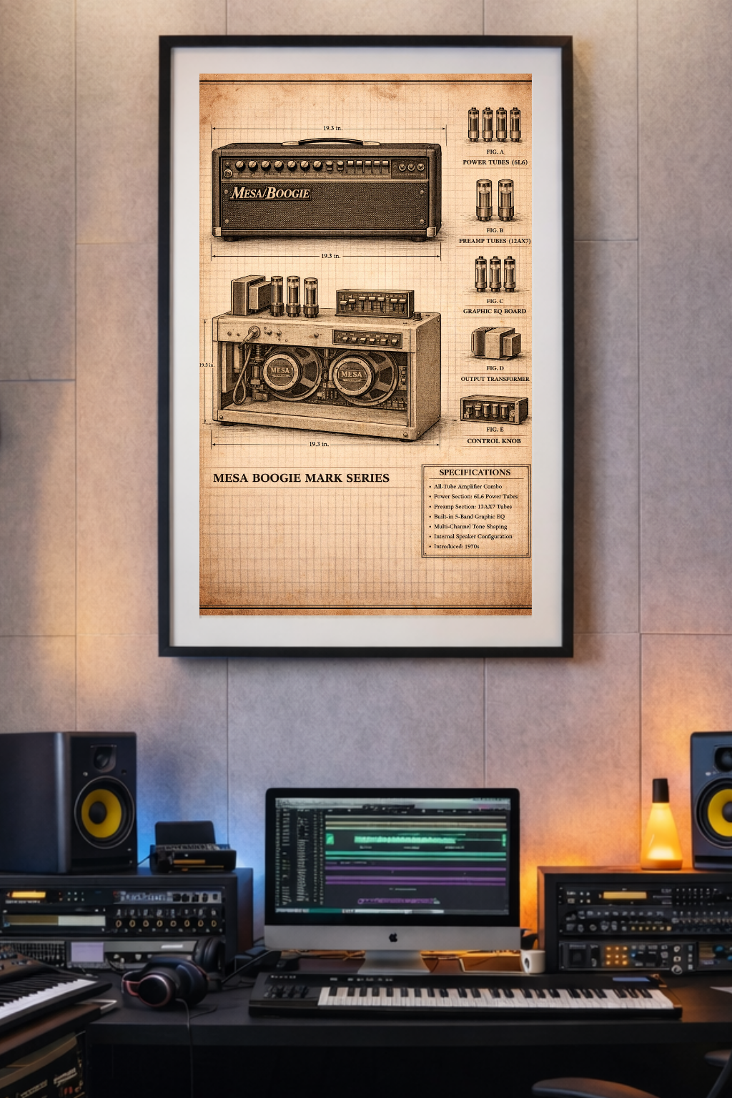 Framed poster of a vintage amplifier design on a wall above a music production setup.