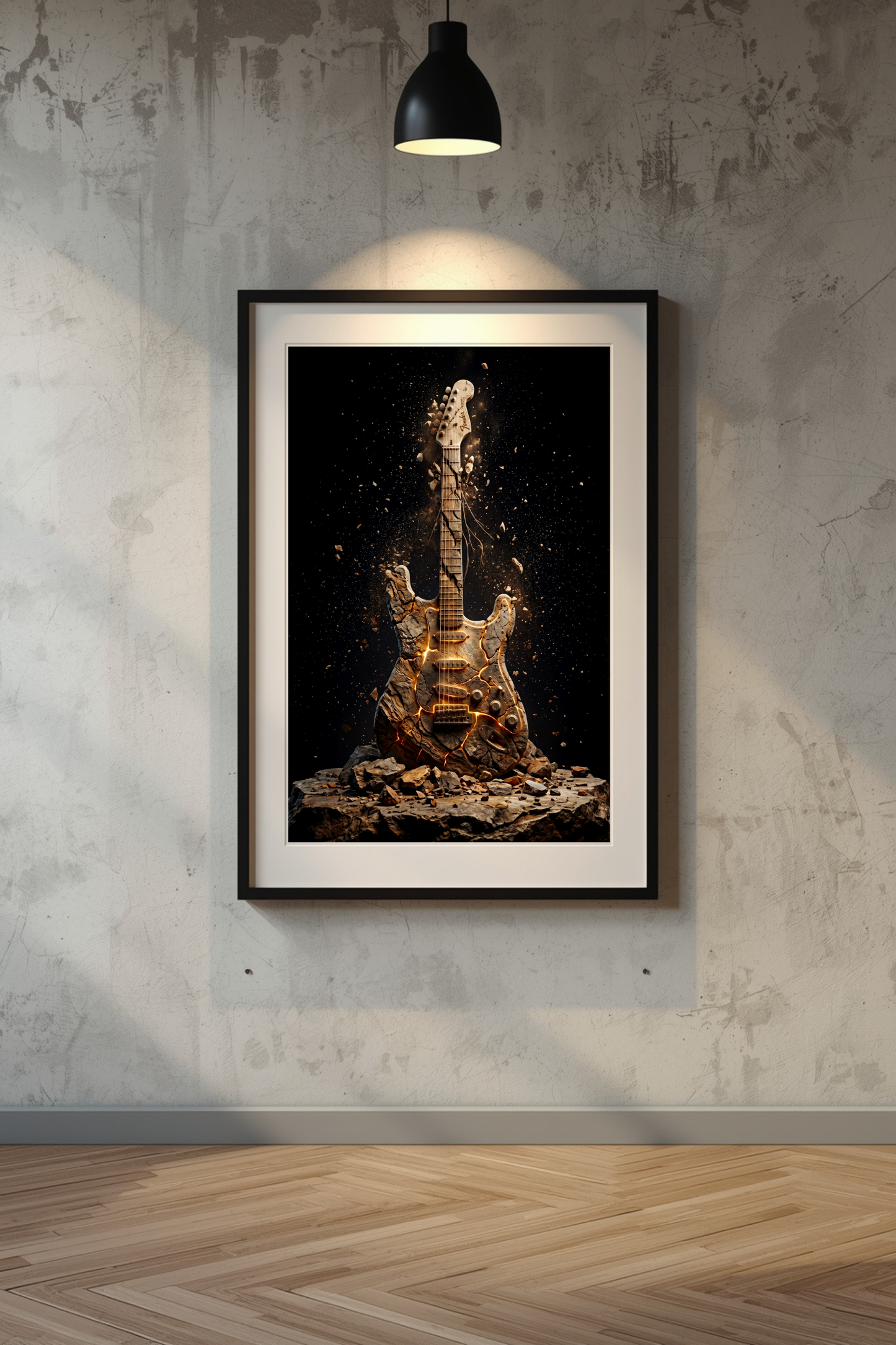 Framed artwork of a molten Fender Stratocaster on a textured wall.