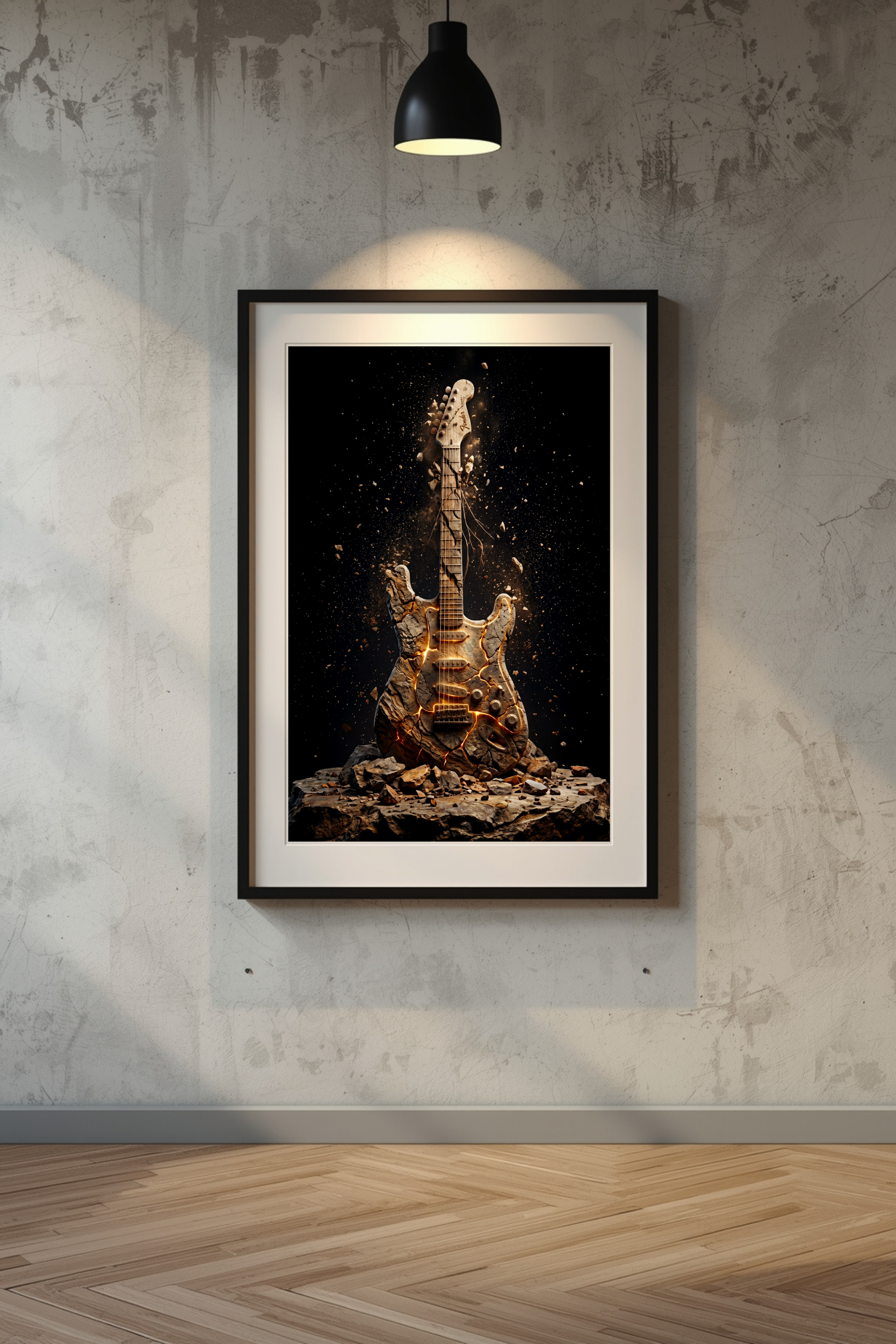 Framed artwork of a molten Fender Stratocaster on a textured wall.