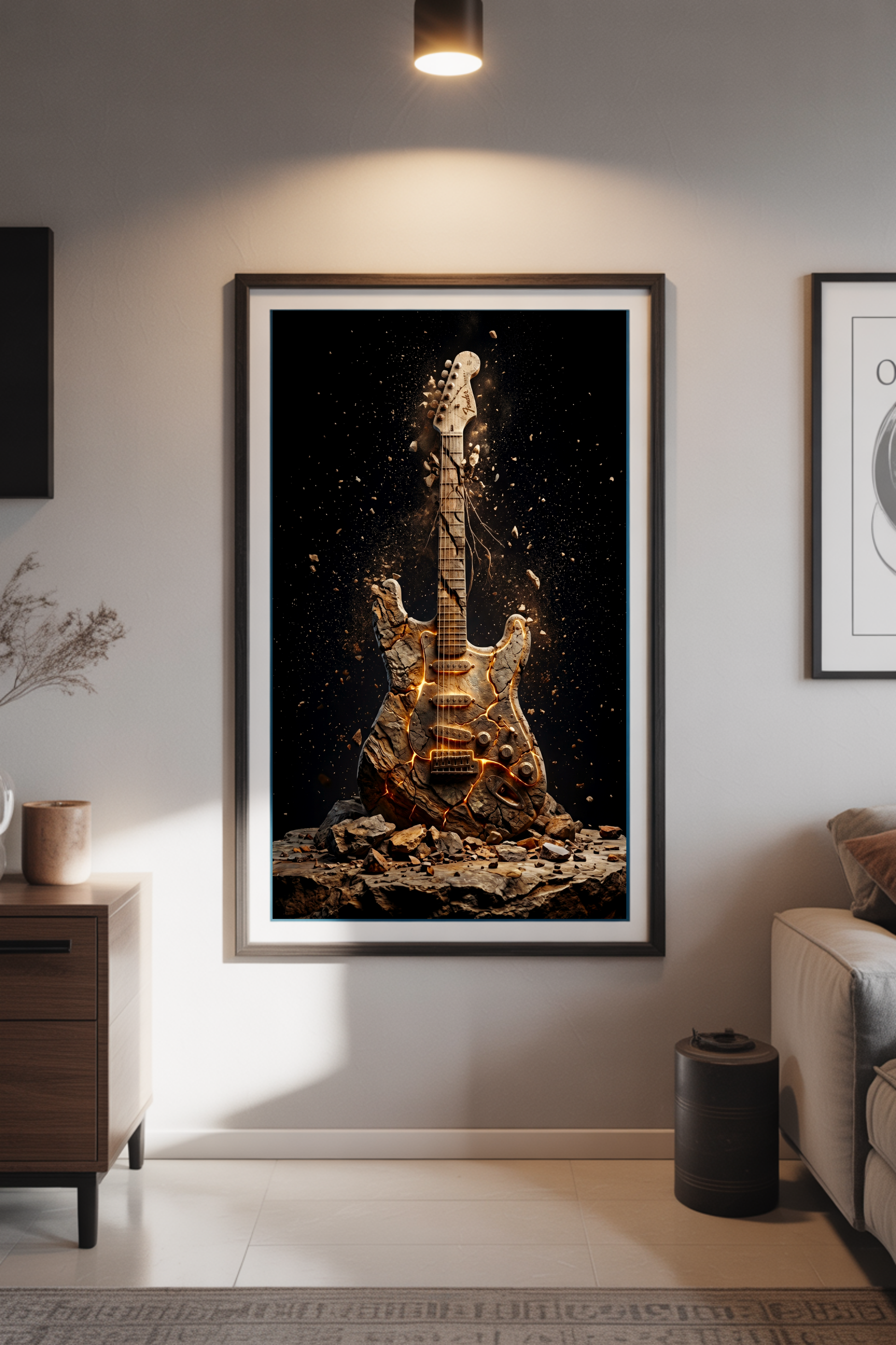 Framed artwork of a molten guitar on a wall in a living room setting