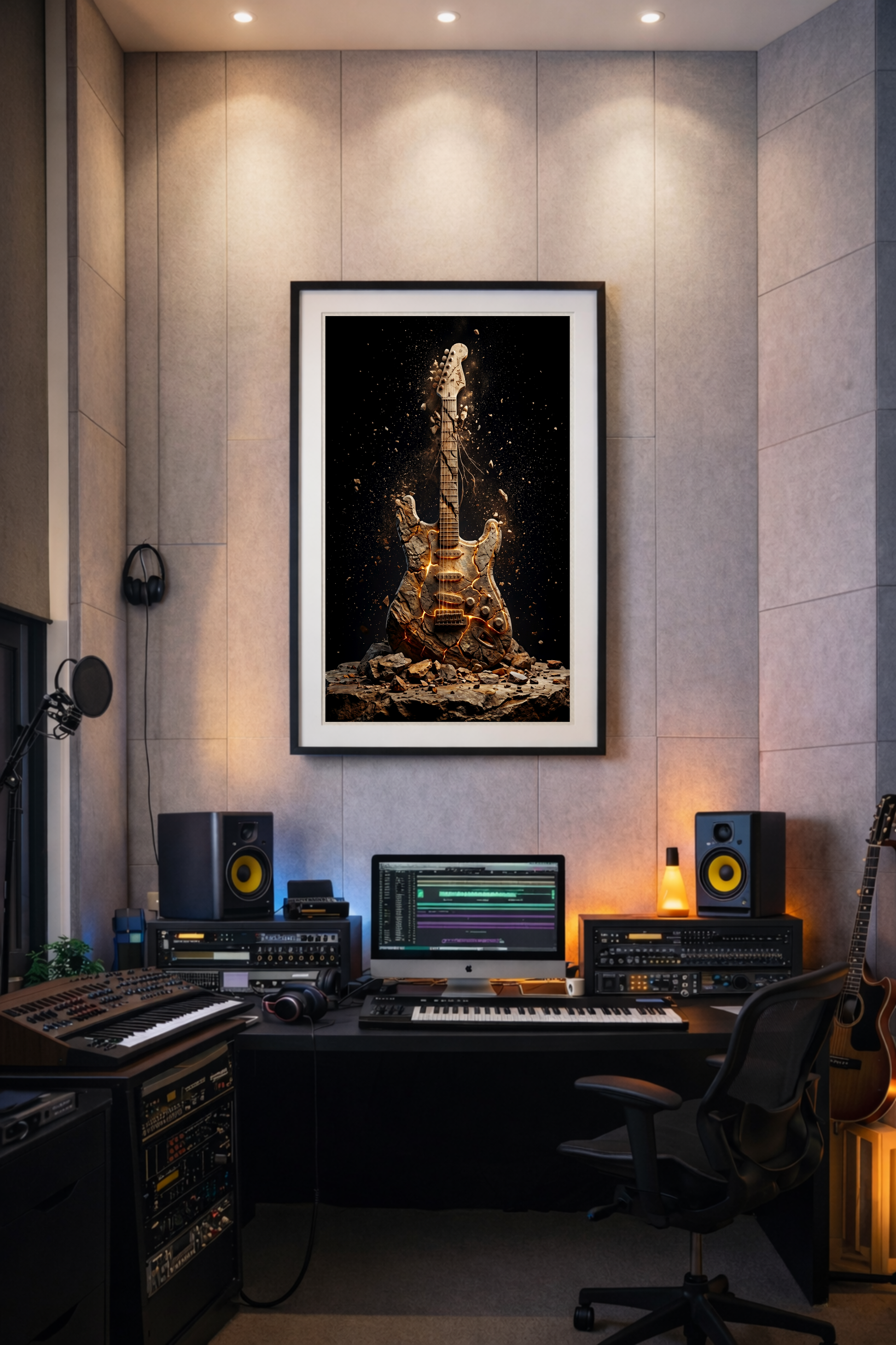 Home studio with music equipment and a framed picture of a guitar on the wall.